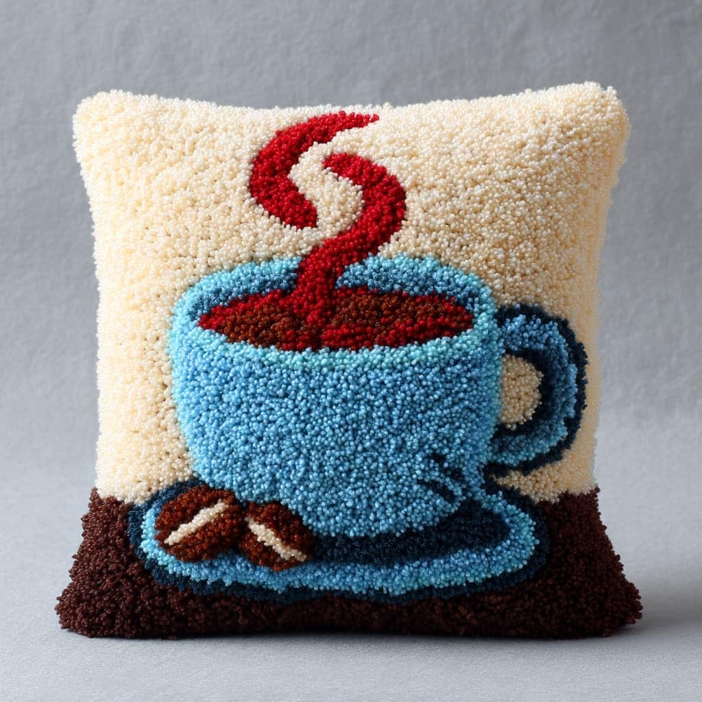 Taxpy DIY Latch Hook Kits, Cartoon Teacup Cushions Pillow Case Embroidery Carpet Set Needlework Crocheting Cushion Embroidery Set 43x43cm