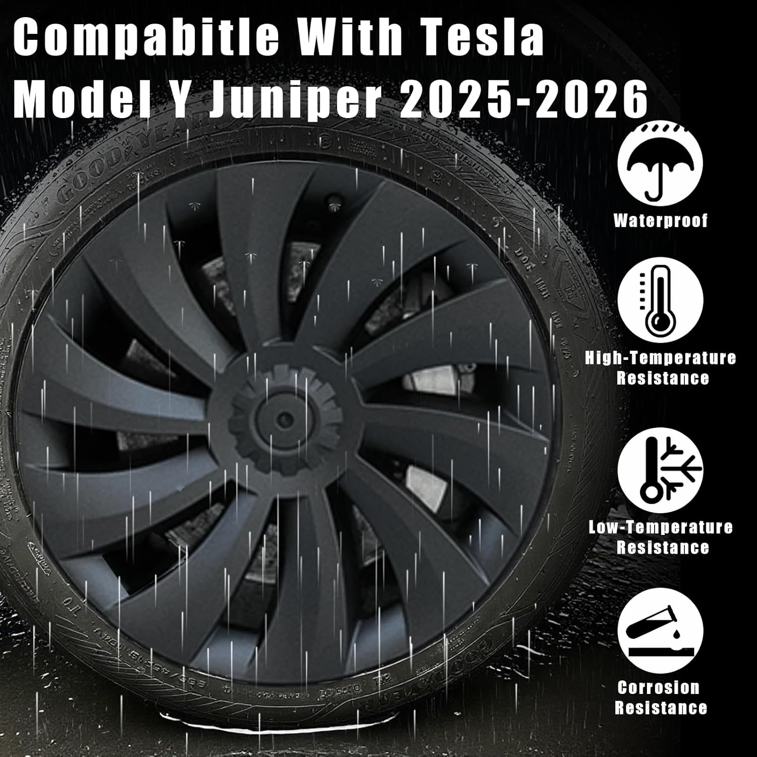 4Pcs Hubcaps for Tesla Model Y Juniper 2025-2026 Accessories - 19 Inch Wheel Covers Compatible with Tesla Model Y Juniper Exterior Accessories - Snap-On Installation (Cyclone-Matte Black)