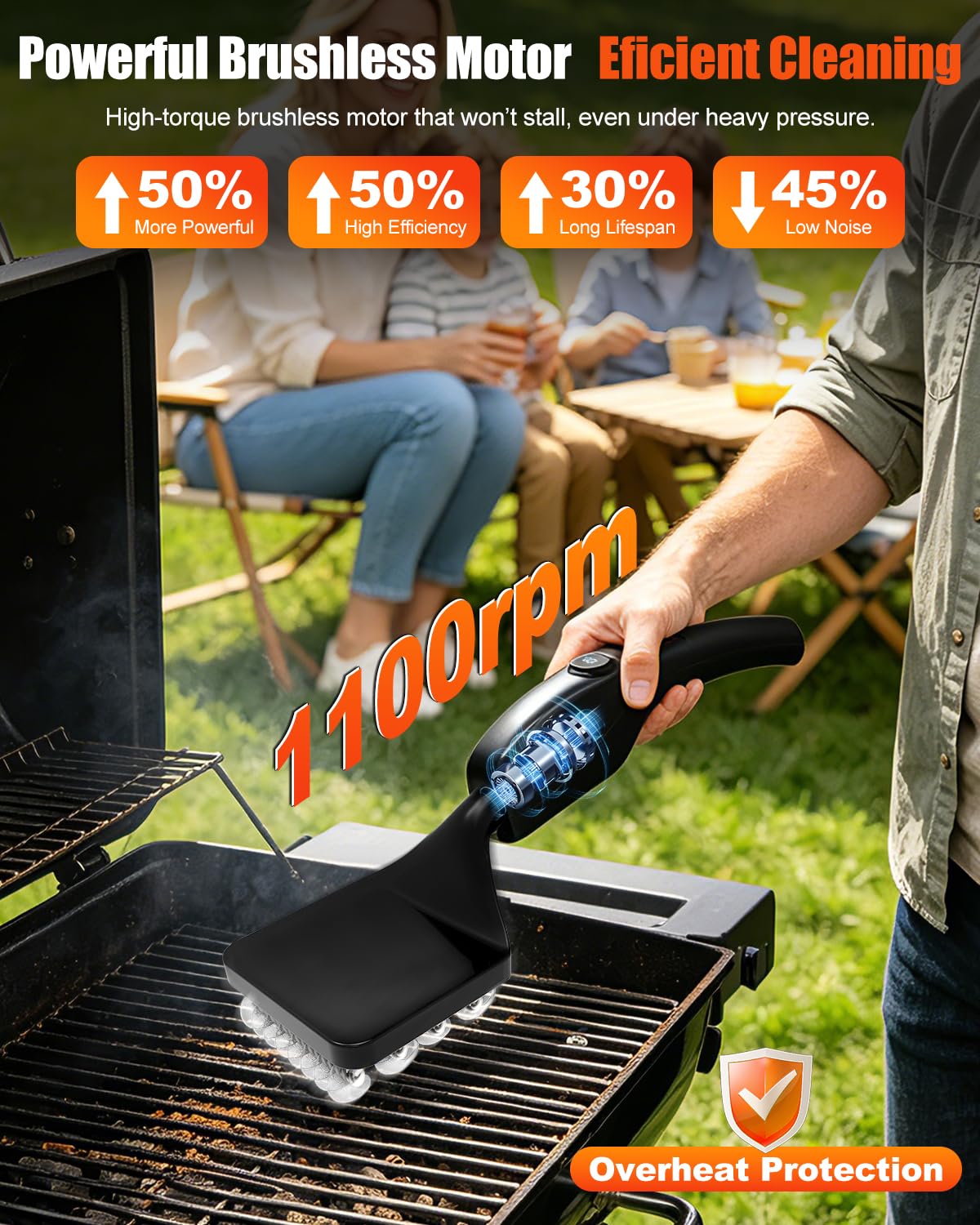 Elektrische Grillbürste mit Bürstenloser Motor, 3-in-1 Grillreiniger Elektrisch Set für Gasgrill & Holzkohlegrill, Inkl. 3 Arten von Ersatzköpfe, Geeignet für Edelstahl, Gusseisen und Emaillierung