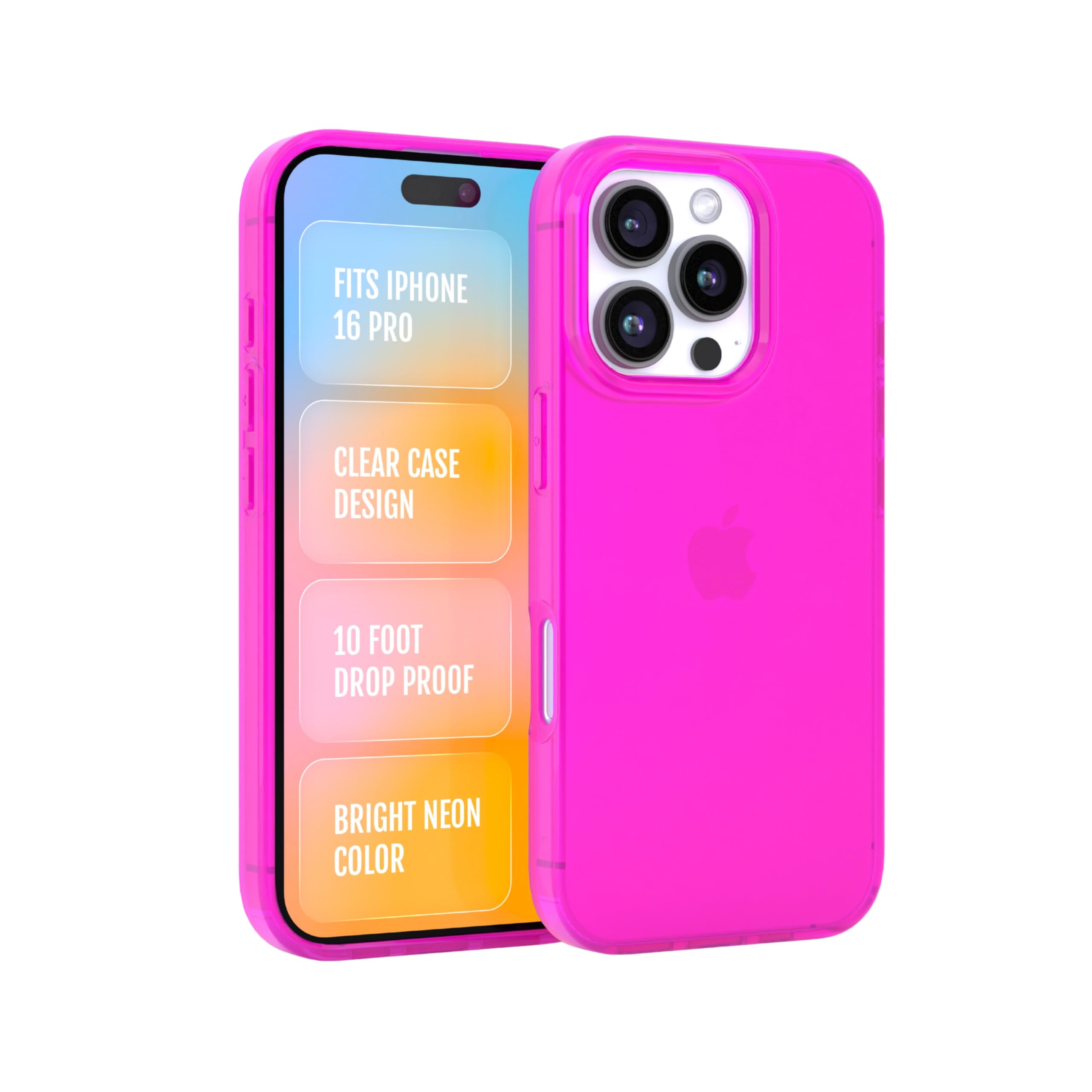 FELONY CASE for iPhone 16 Pro, Neon Pink Clear Protective Case, TPU and Polycarbonate Shock-Absorbing Bright Cover - Crack Proof with a Gloss Finish -