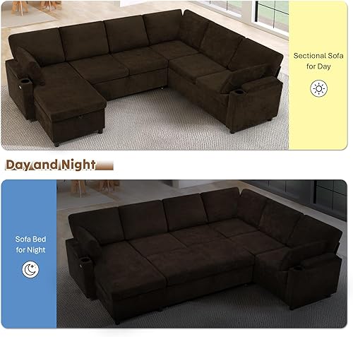 Miniatura 5 de Sofá modular reversible de felpilla de 110 pulgadas con cama extraíble y diván de almacenamiento, sofá en forma de U con reposabrazos de