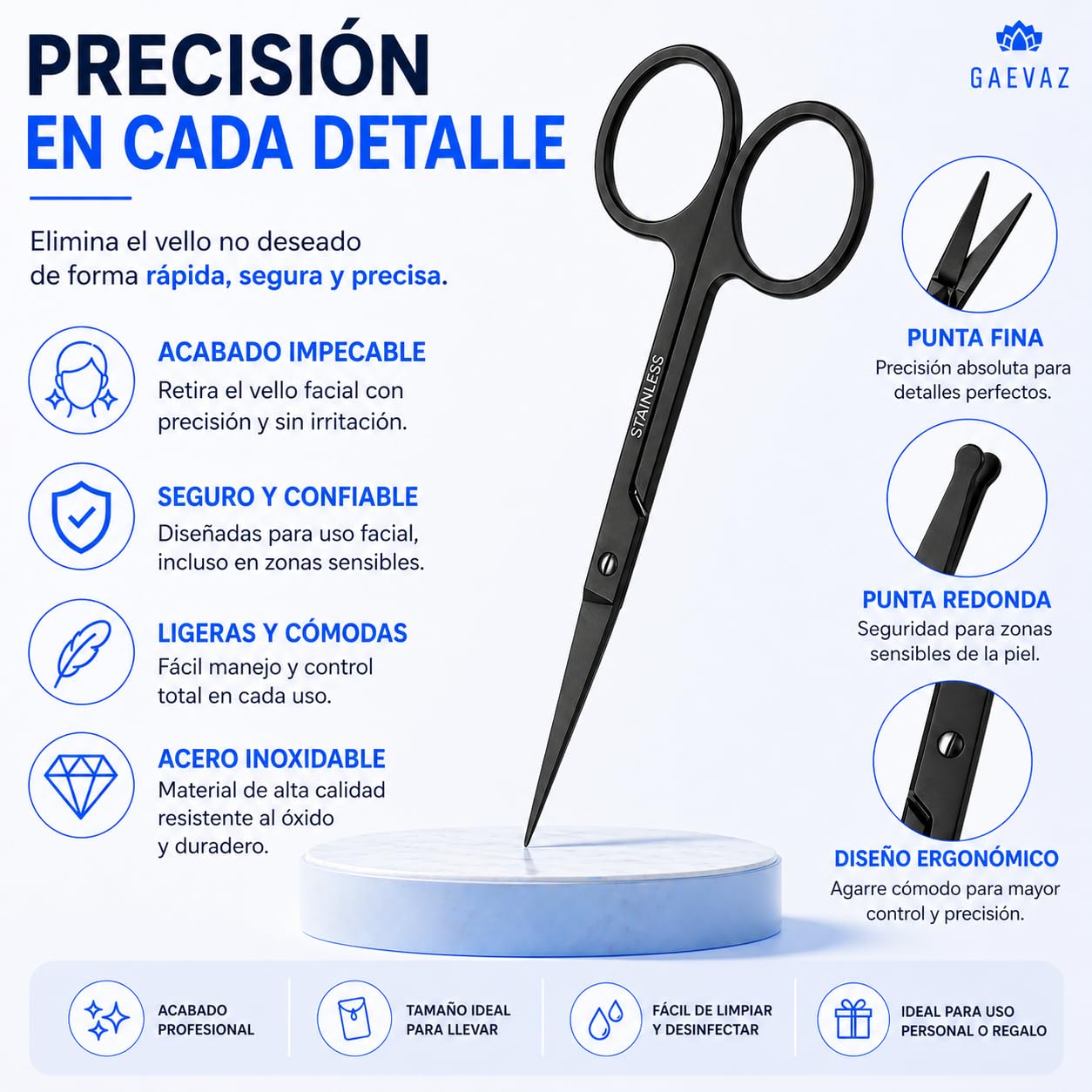 2 Tijeras Pequeñas de Acero Inoxidable para Vello Facial – 1 Punta Curva y 1 Punta Redonda – Cejas, Nariz, Oídos, Cutículas, Uñas, Barba y Bigote (Negro)
