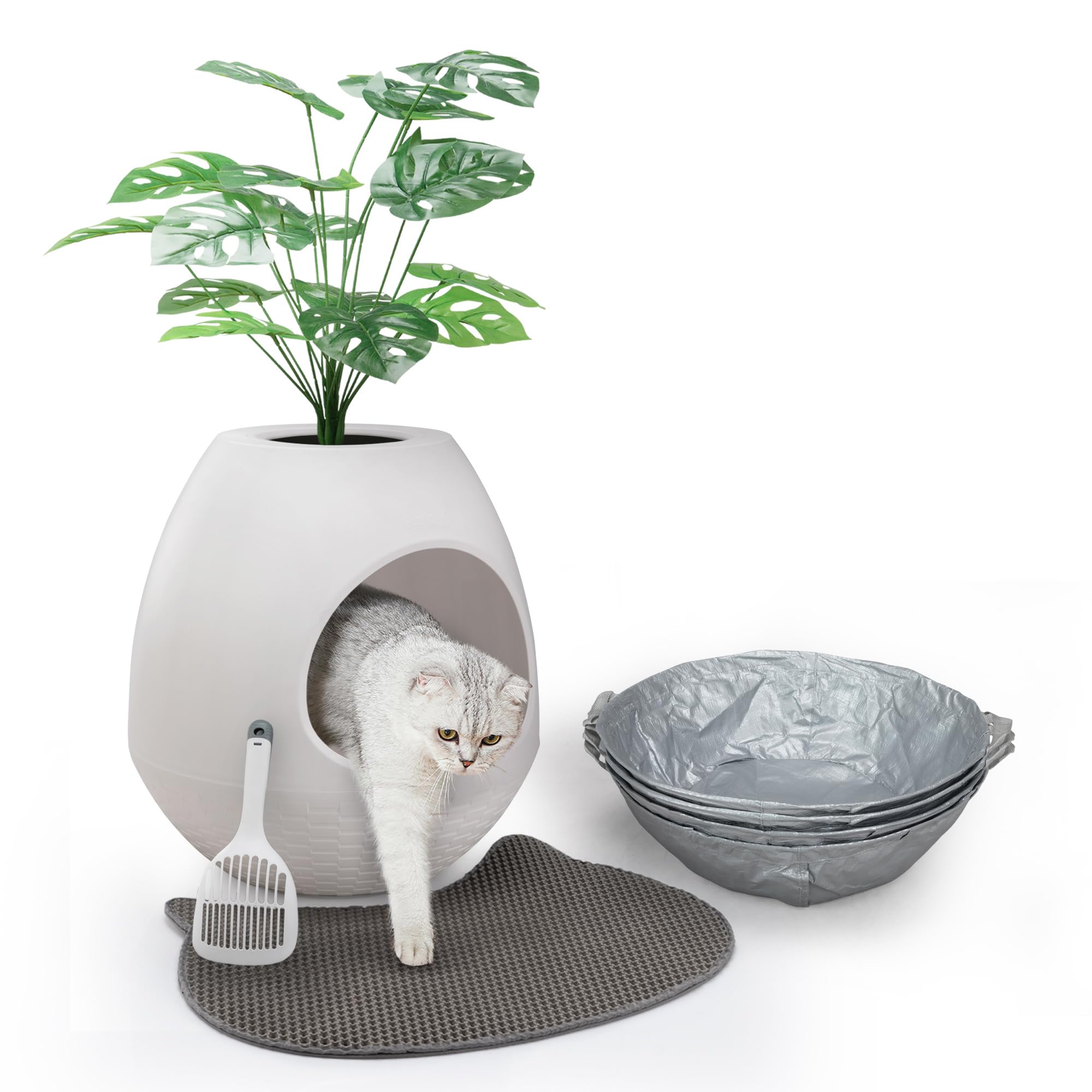 Summer Island Cat Litter Box with Plant & Litter Box Liners & Scoop, Plant Litter Box Set Enclosure Furniture, Hidden Cat Litter Box with Artificial Plants With Cat Litter Mat-WHITE