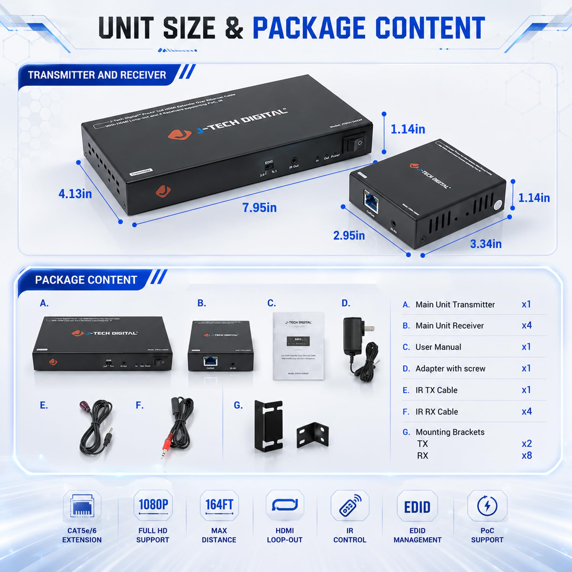 J-Tech Digital ProAV 1 x 8 HDMI Extender HDMI, amplificatore HDMI e splitter per cavo Ethernet Con BI-direzione IR e funzioni EDID, 1x4, 1