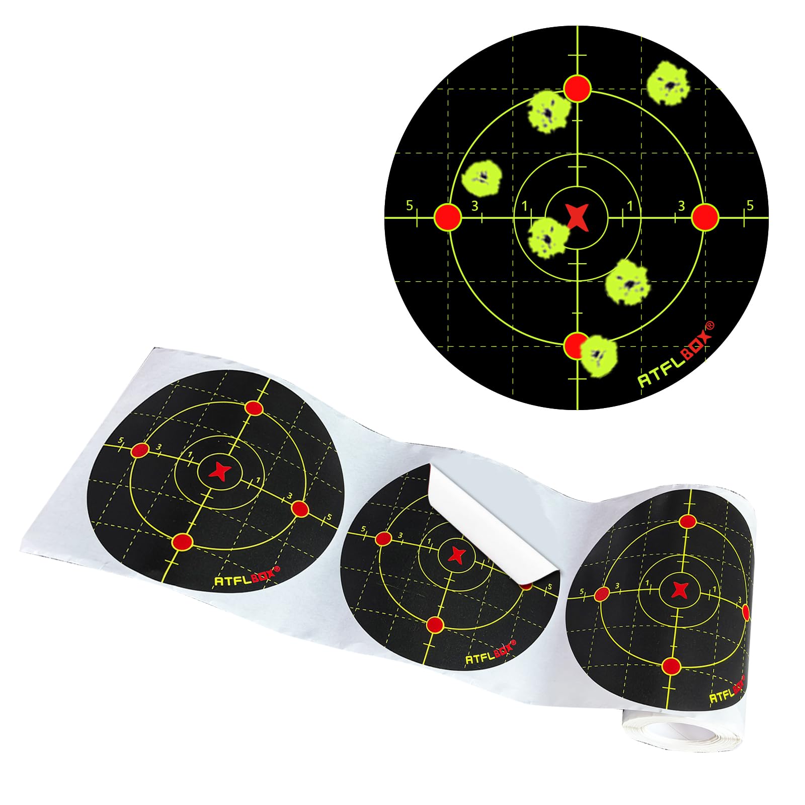 Atflbox 6 inch Splatter Adhesive Bullseye Fluorescent Yellow Shooting Target Stickers, 100 Self Adhesive Target Roll for BB Gun, Pellet Gun, Airsoft, Rifle Indoor and Outdoor Shooting Range