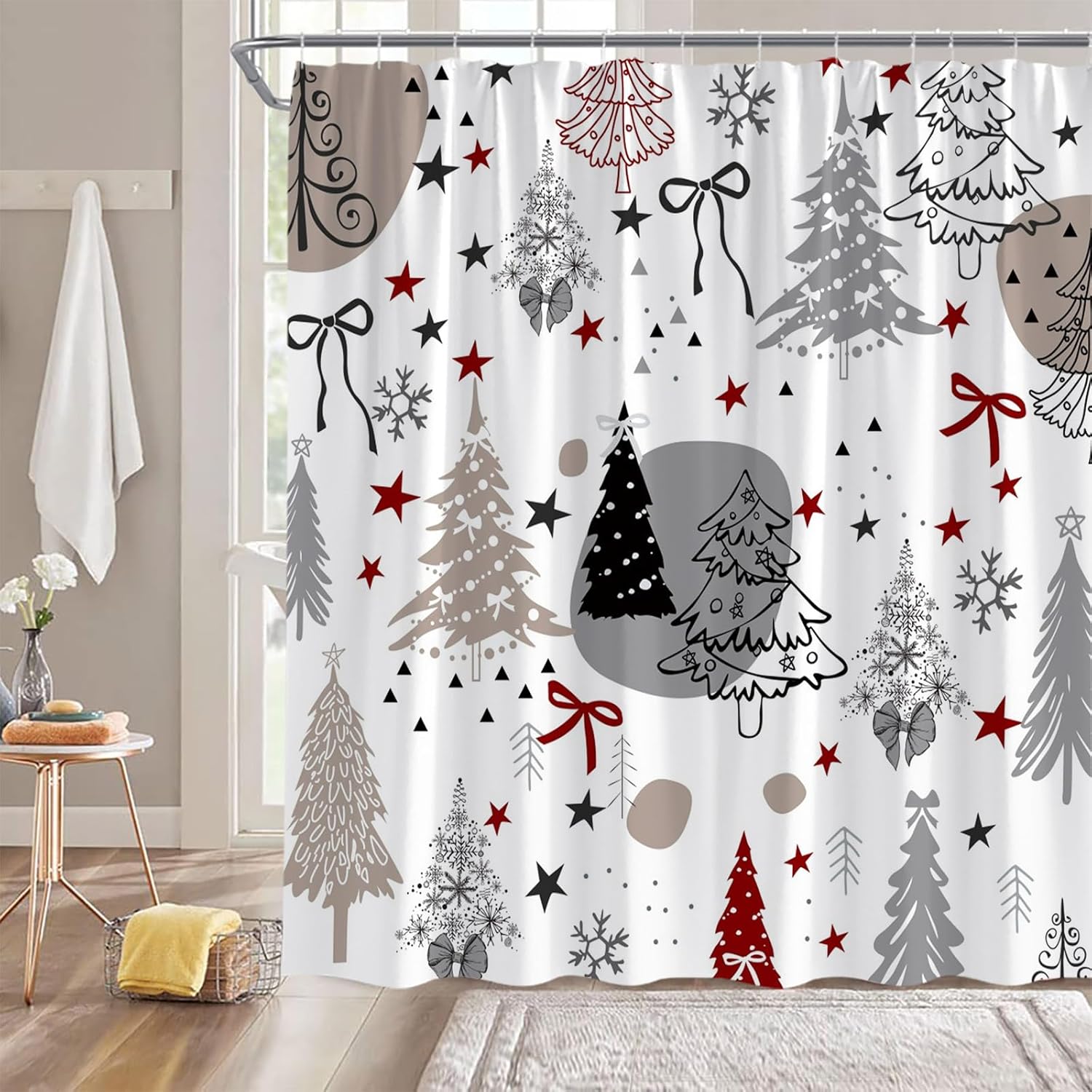 Christmas Extra Long Shower Curtain,Xmas Tree Bow Snowflake Winter Festival Brown Gray Bathroom Home Curtain Decor with Hooks,70x78 Inch