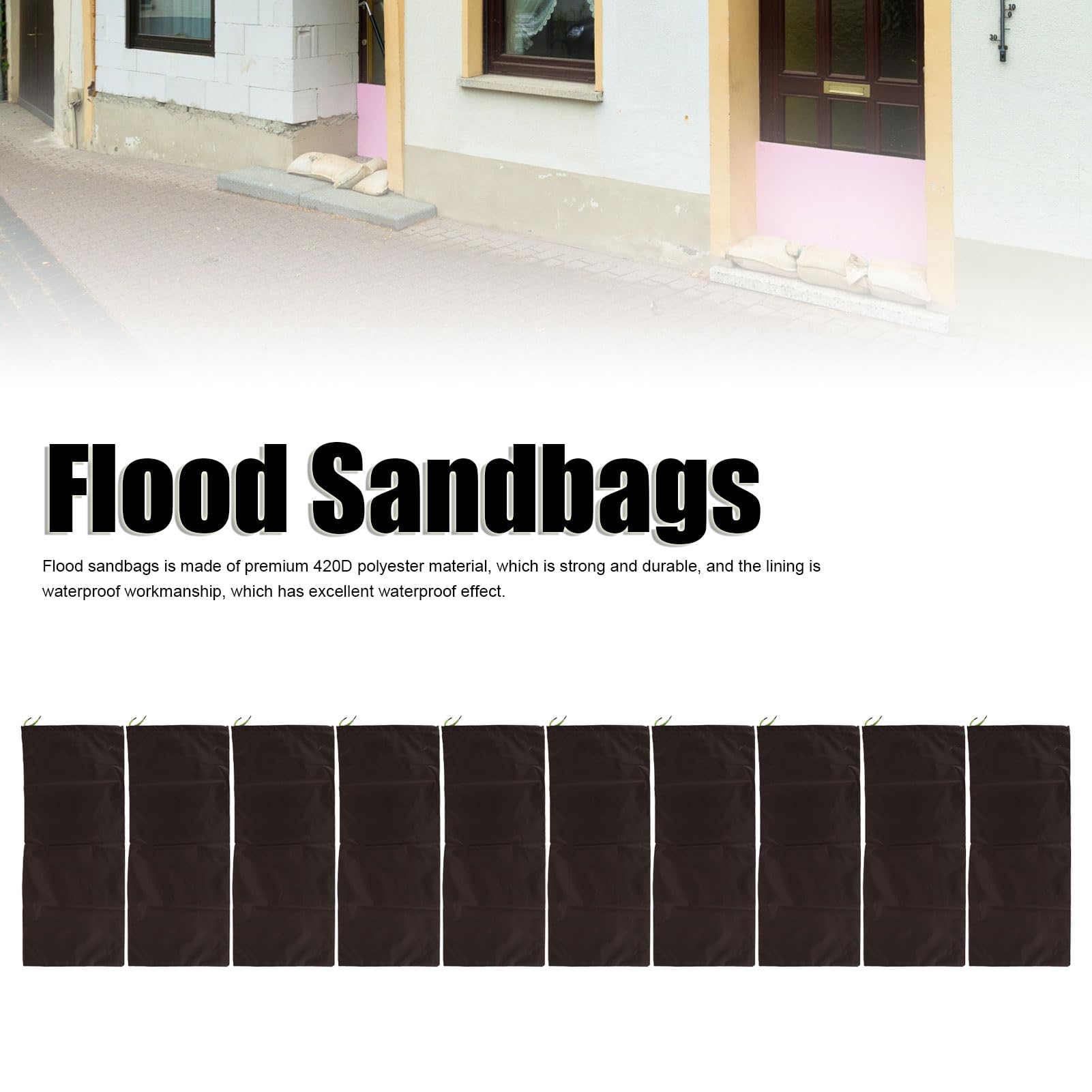 10 Piezas Bolsas de Arena para Inundaciones, 30x70cm Reutilizables 420D Poliéster Barrera de Agua para Inundaciones, Bolsas de Arena para Puerta, Ventana, Control de Inundaciones (Café)