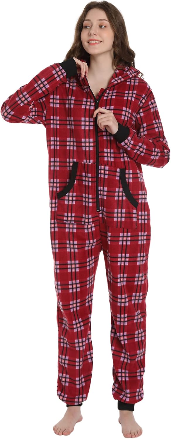 Unisex Check Onesie Christmas Zip Up Matching Onesie Hooded Pajamas One Piece Non-Footed Jumpsuit Adult Teenager - Image 3