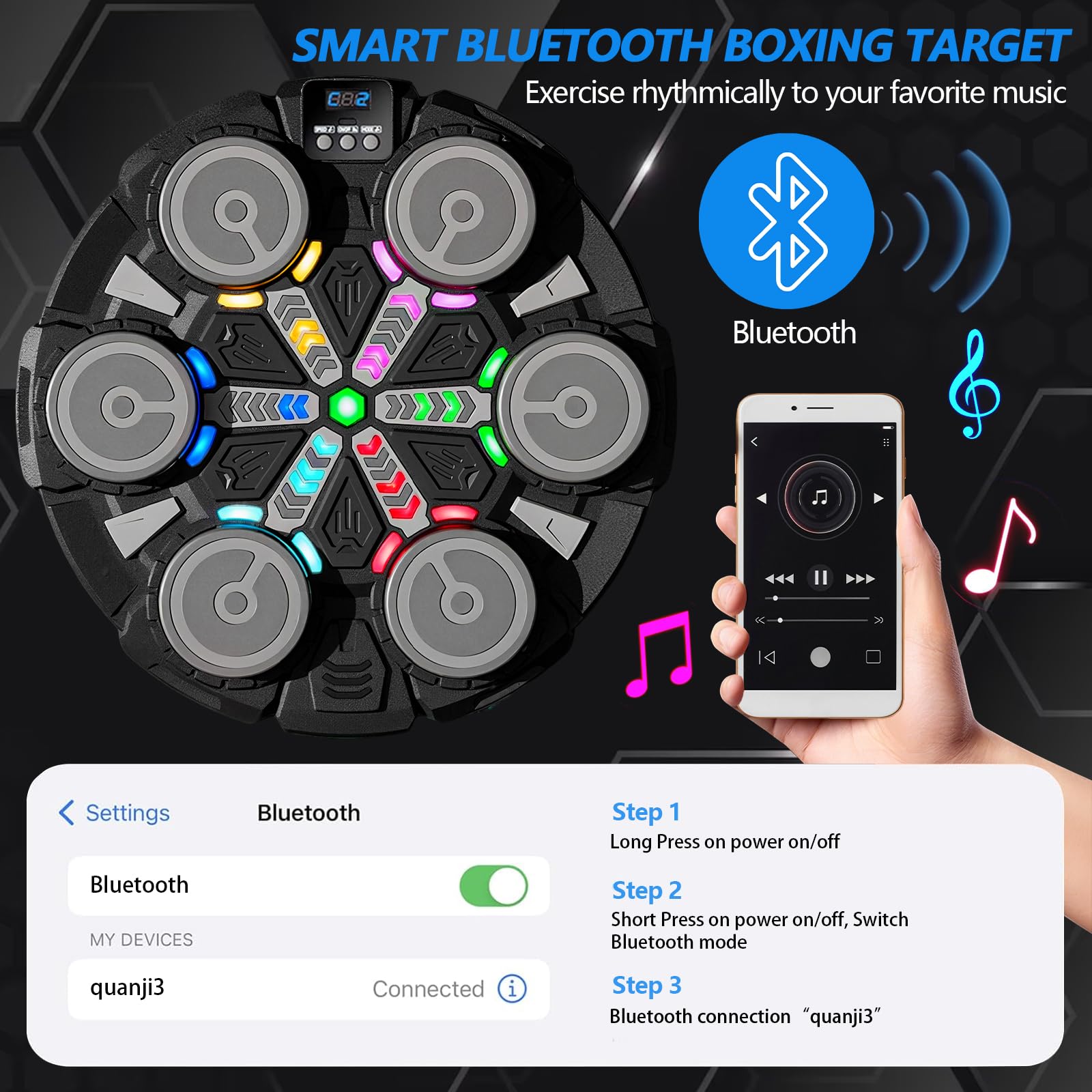 ROCKY&CHAO Music Boxing Machine Boxautomat – Wandmontierte LED Boxmaschine mit Musik & Bluetooth- & Spielmodi, Reaktionstraining & Boxtraining für Zuhause, mit Boxhandschuhen