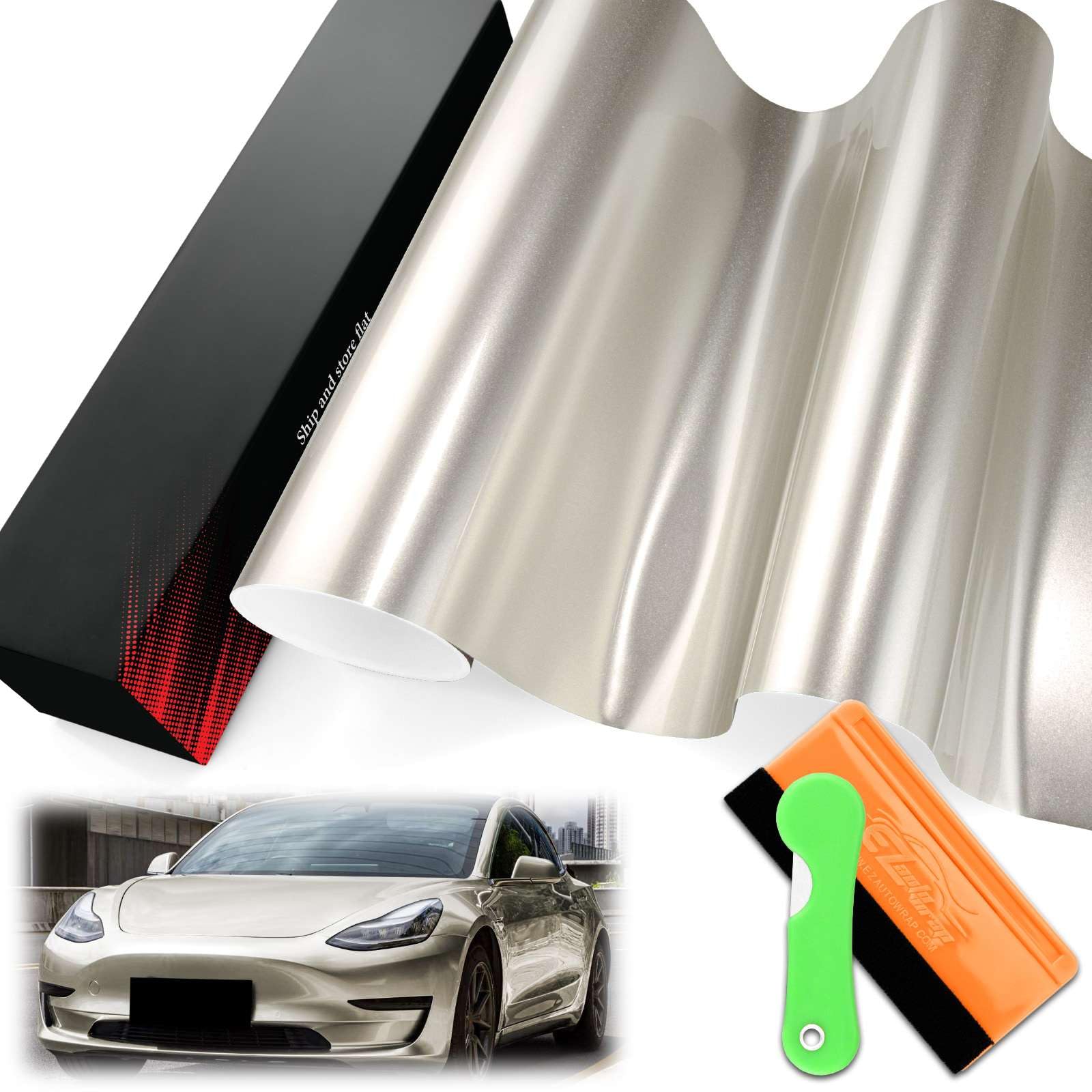 1FTx5FT PET Super Gloss MetallicPlatinum Silver High Glossy Vinyl Wrap Auto Car Sticker Decal Film Sheet Bubble Free Air Release Technology with Tool Set