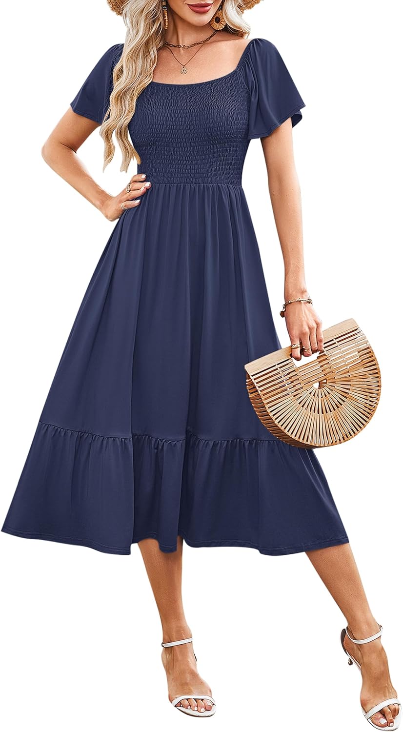 AUSELILY Women's Summer Empire Waist Dress Smocked Flutter Short Sleeve Square Neck Midi Dresses 2025 New
