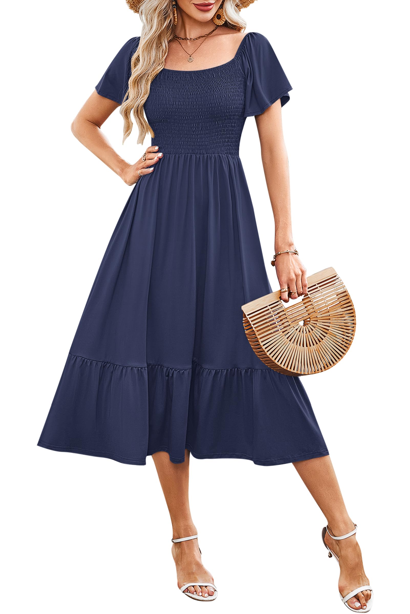 AUSELILY Women's Summer Empire Waist Dress Smocked Flutter Short Sleeve Square Neck Midi Dresses 2026 New