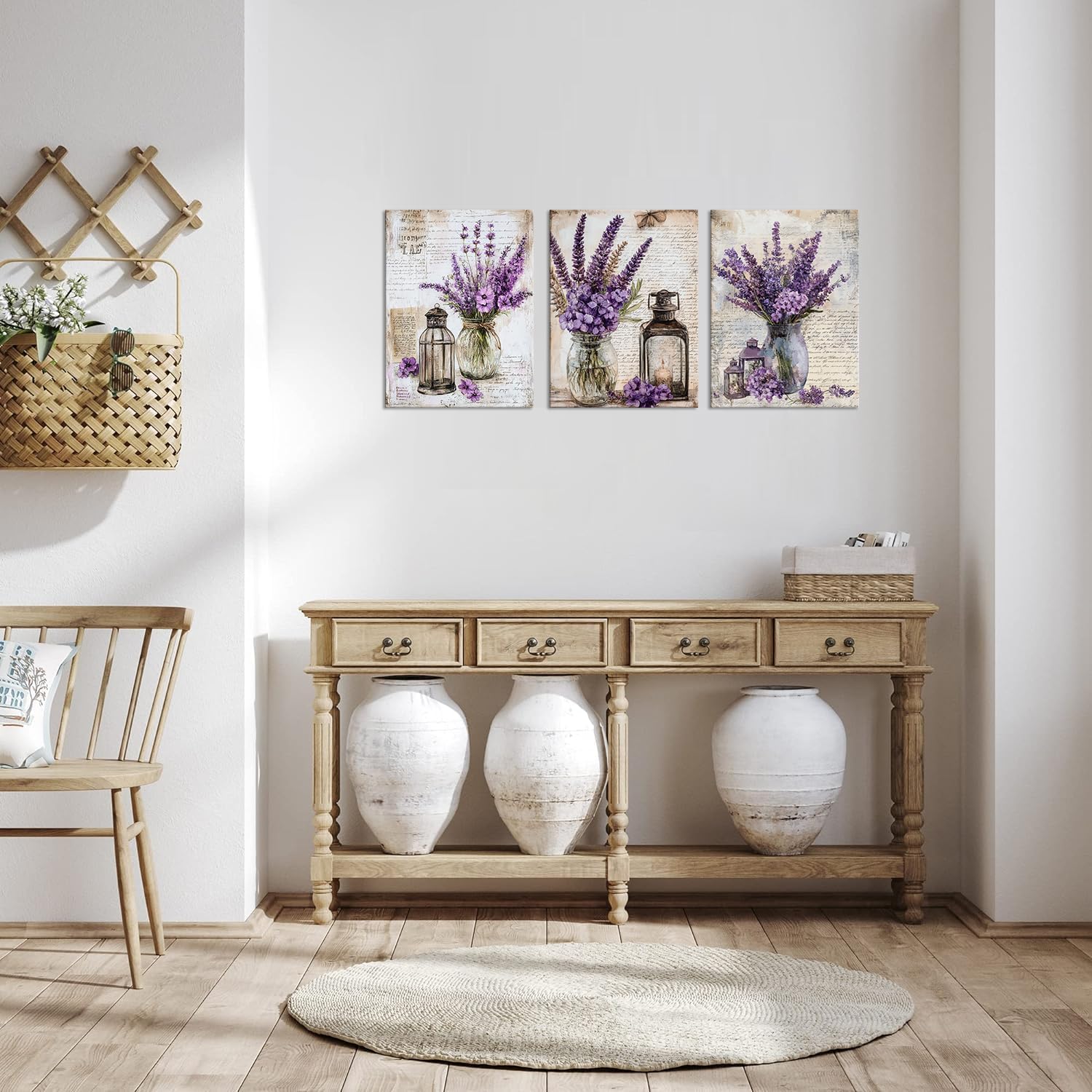 ChaudArt 3 Pieces Lavender Wall Art Country Floral Canvas Prints Painting Rustic Purple Flower Pictures Framed Artwork Home Decor for Bathroom Dining Living Room