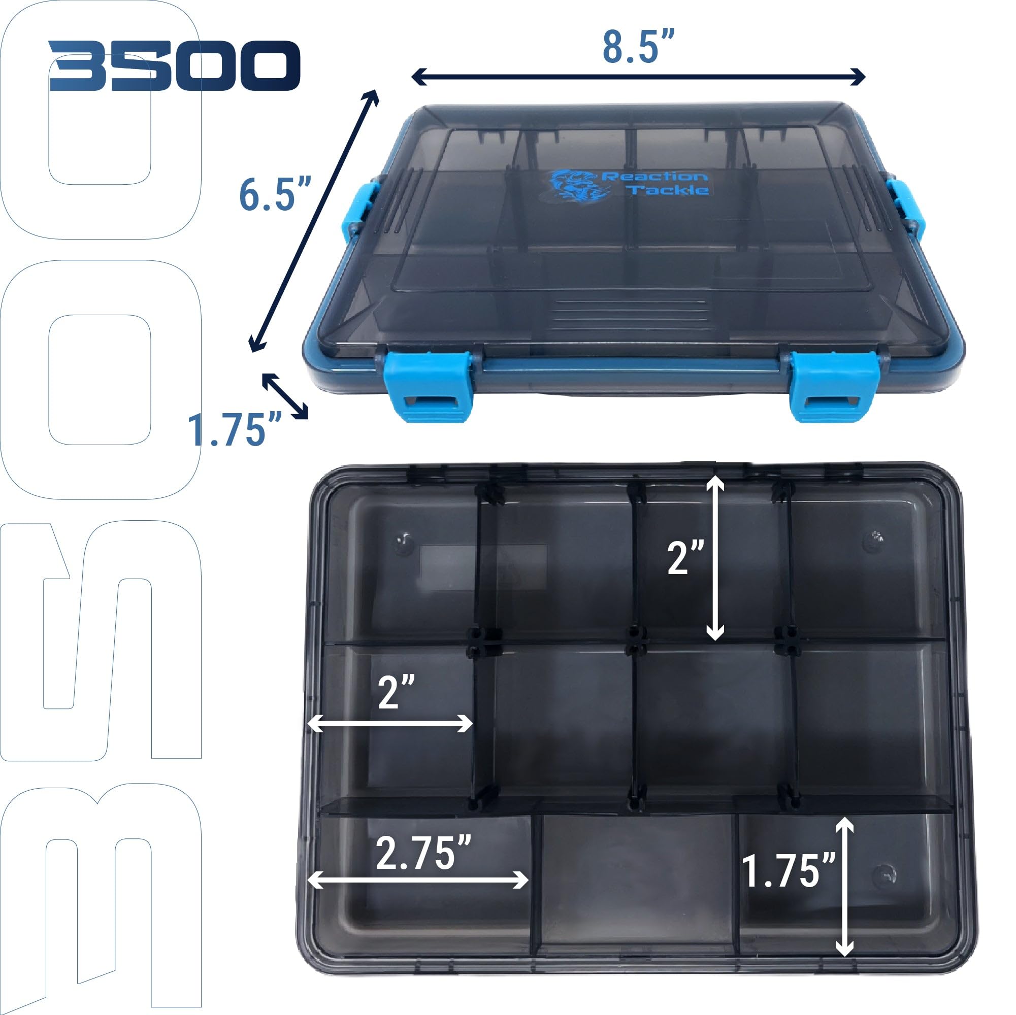 Reaction Tackle Standard Tackle Trays, Plastic Tackle Box Organizers with Four Secure Latches, Removable Dividers and Semi Transparent Lid for Fishing Storage
