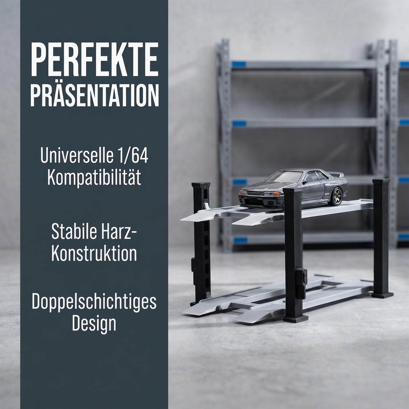 1/64 Diorama Auto Vitrine Druckguss Auto Garage Legierung Autos Modell Spielzeug Display Stand, Miniatur Parkhaus Spielzeugauto Parkplatz, Druckguss-Autogarage für Ausstellungen, Schwarzgrau