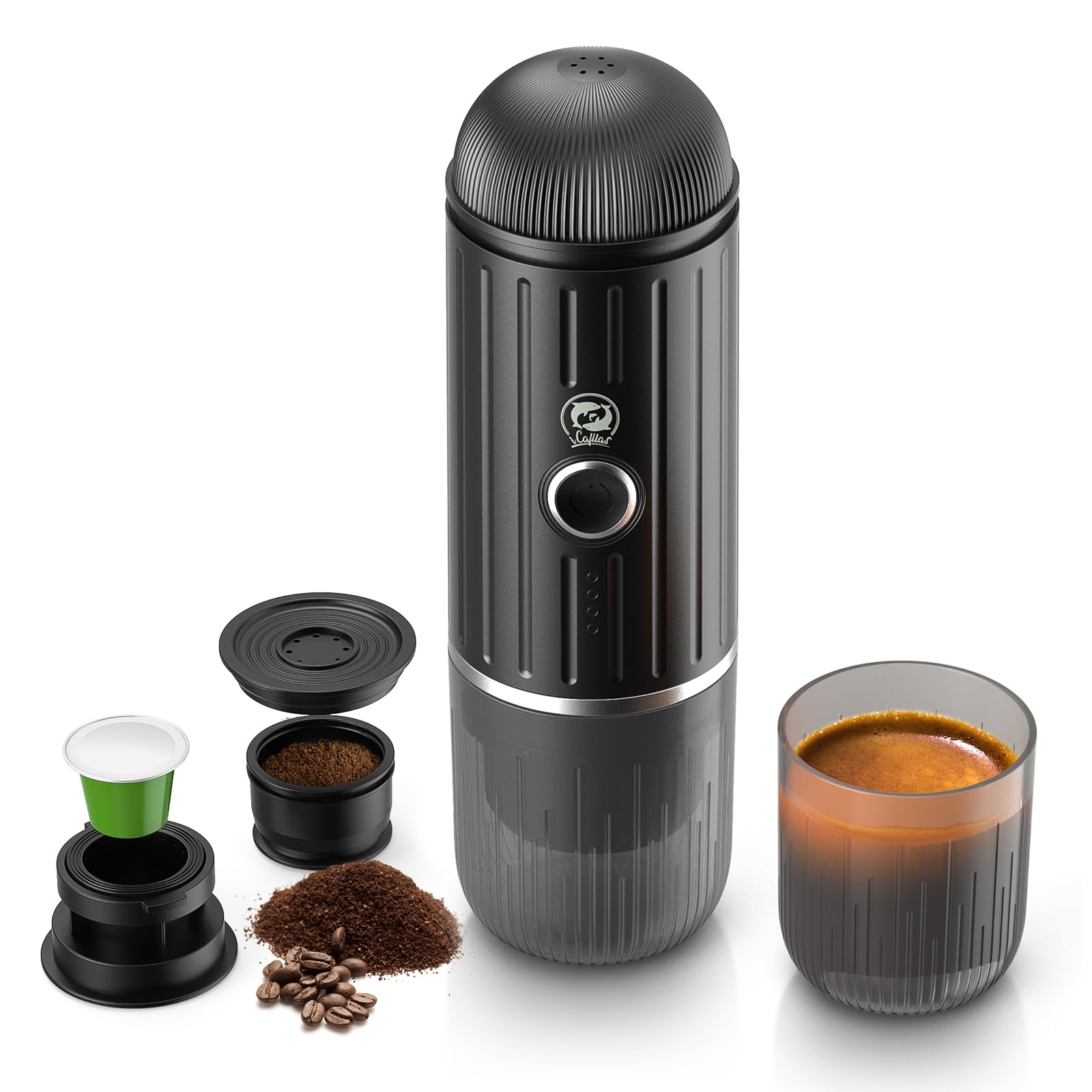 Rich Crema Portable Electric Espresso Coffee Maker, Fast self-heating 2 IN 1 Extraction System Espresso Machine,Support Ground Coffee and NS capsule, for Travel,Car,Hiking,Climbing（Black）