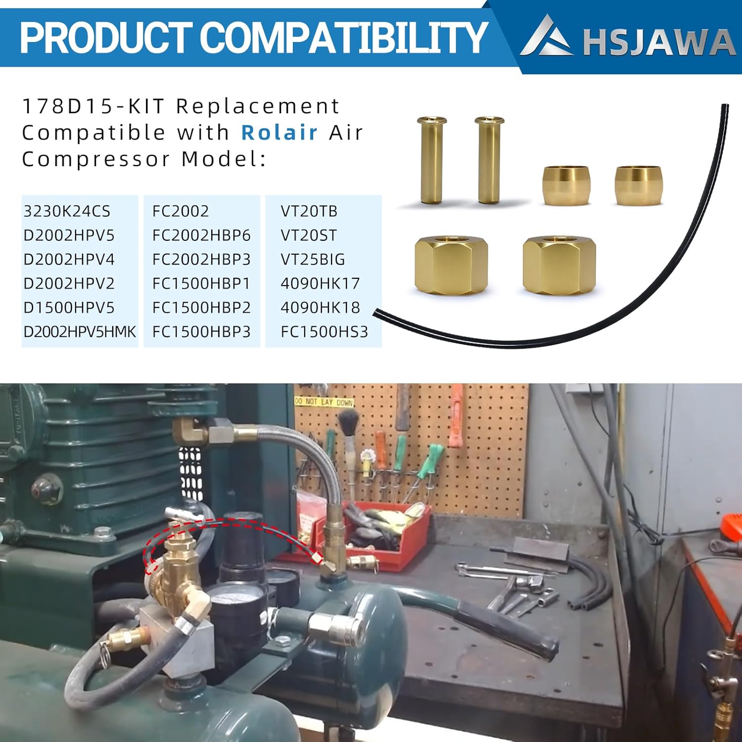 178D15-KIT Air Compressor Unloader Tube Kit Compatible with Rolair Air Compressor 178D15-KIT Replace D2002HPV5 FC2002 VT25BIG (Black 2PC)