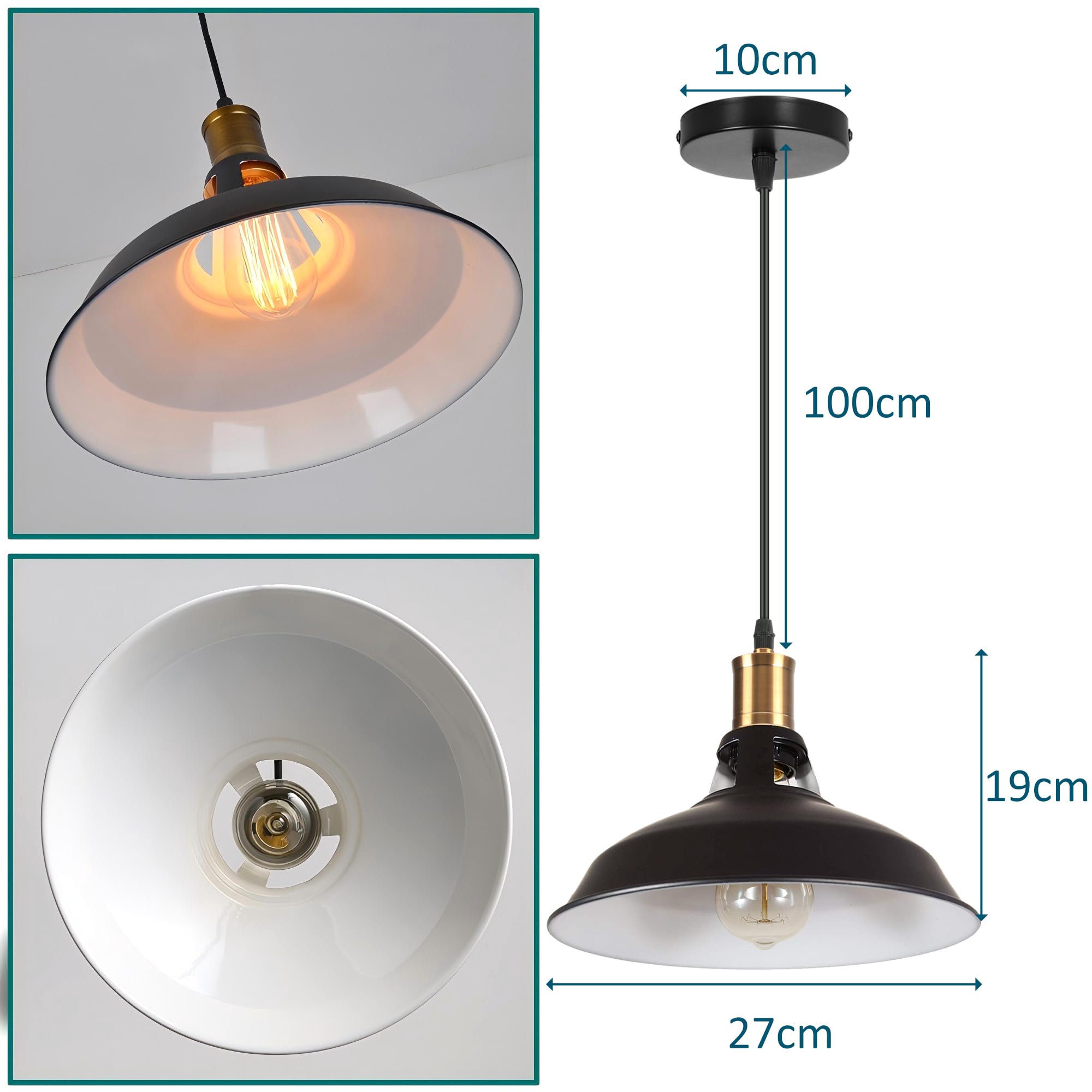 iDEGU 3 pack Suspension Luminaire Industrielle Rétro Lustre Suspension en Métal 27cm Plafonnier Vintage E27 Éclairage de Plafond pour Salle à Manger, Salon, Chambre, Restaurant, Café (Noir + Blanc)