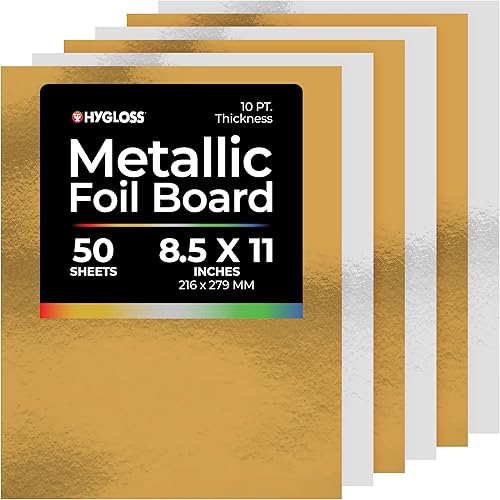 Hygloss - Hojas metálicas para tarjetas, artes y manualidades, actividades en el aula y fabricación de tarjetas, paquete de 50, 8.5 x 11 pulgadas,