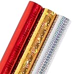 LeZakaa Holographic Foil Wrapping Paper - Mini Roll - Red Snowflake/Gold Bell/Silver Blocks for Christmas, Holiday, Birthday - 17 x 120 inches - 3 Rolls (42.5 sq.ft.ttl.)