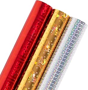 Papel De Regalo Navideño - 4 Hojas De 70x100 Cm, Diseños Rojo/Azul Con Ciervos Y Copos De Nieve, Total 2.8 M²