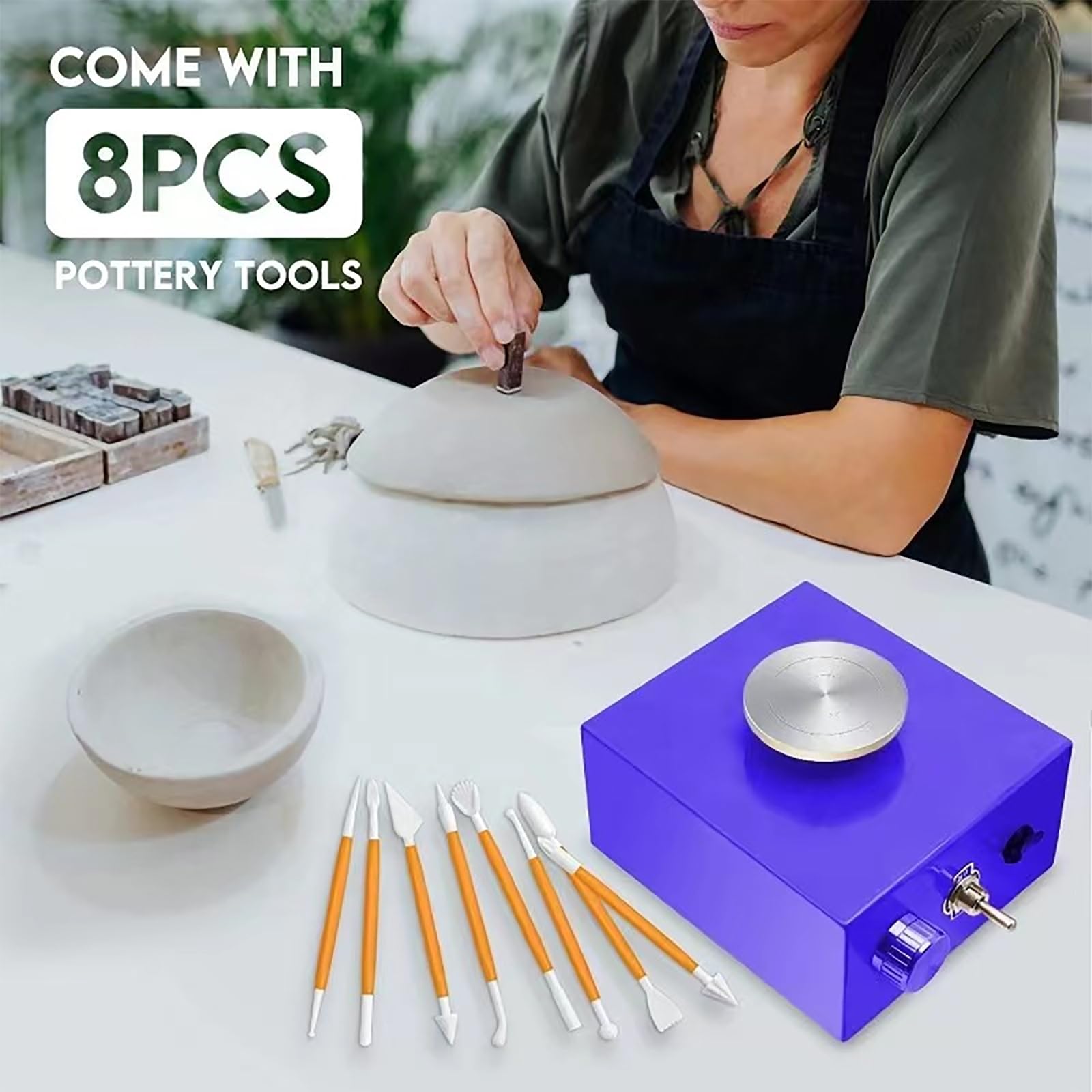 ERICAT Poterie Électrique en Céramique, Roue De Poterie en Céramique avec 3 Plateaux Tournants (4,5 Cm/6,5 Cm/10 Cm), Vitesse De Plateau Tournant Réglable Et Plateau Amovible, pour Atelier De Poterie