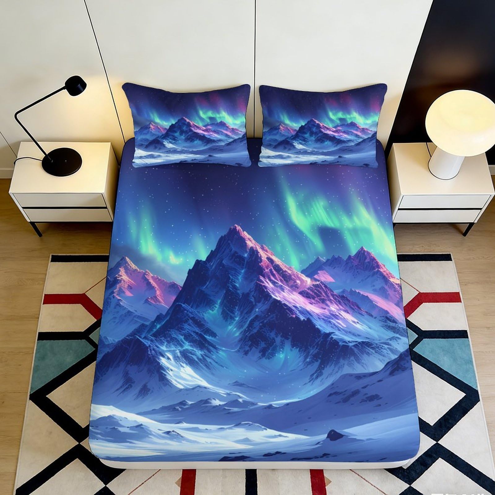 3D Printed Aurora Mountain Fitted Sheet Microfiber Soft Breathable Northern Lights Mattress Cover for Bedroom Dorm Decor 90x200x25cm
