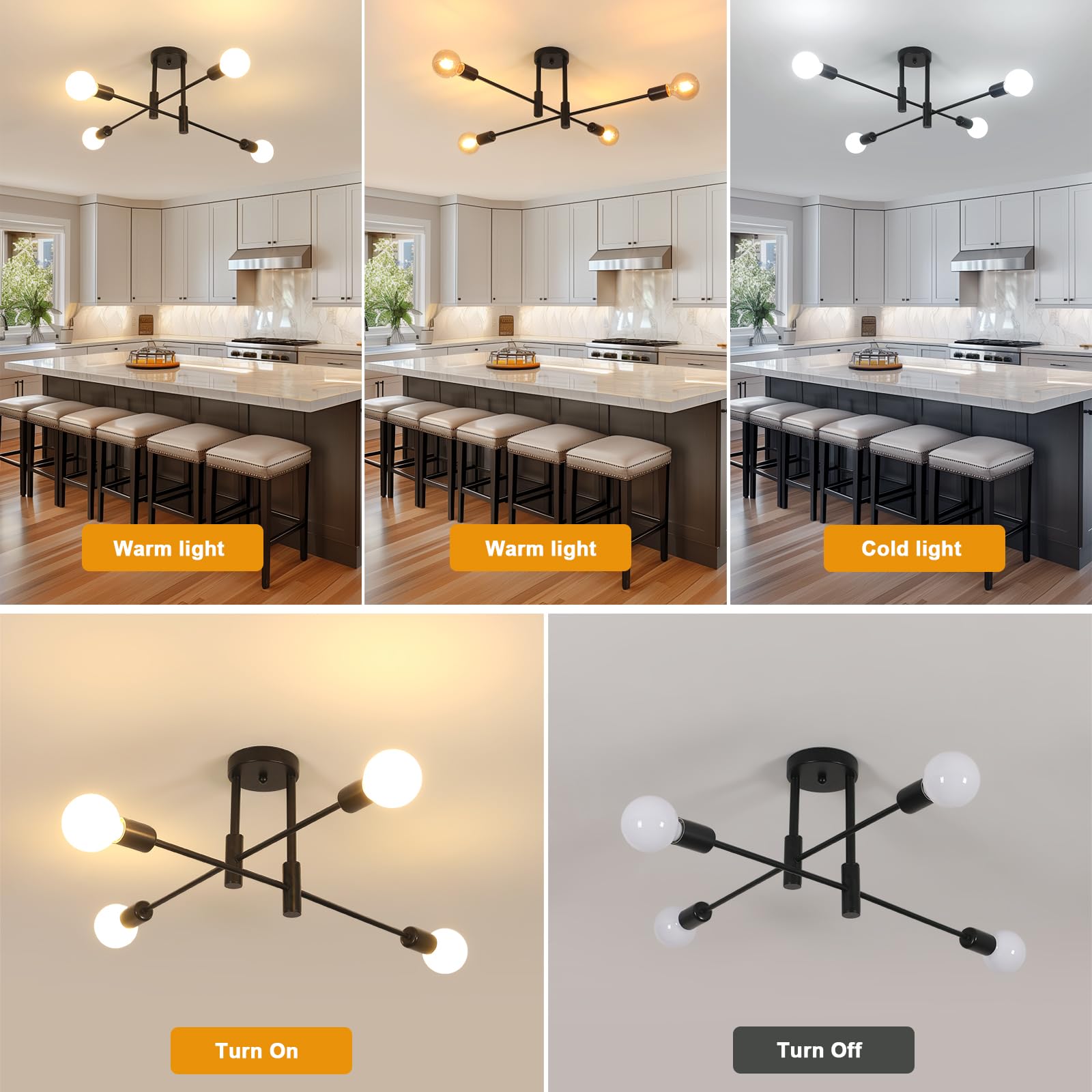 Comely Lampadario Industriale, Plafoniera Sputnik Vintage a 4 Luci E27, Lampada da Soffitto Moderno in Metallo Nero per Soggiorno, Camera da Letto, Cucina, Corridoio