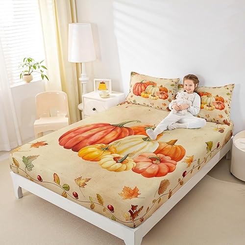 Miniatura 3 de Sábana bajera ajustable para niños, tamaño individual, diseño de hojas de arce de cosecha de otoño, decoración de habitacióncabaña para niñas y