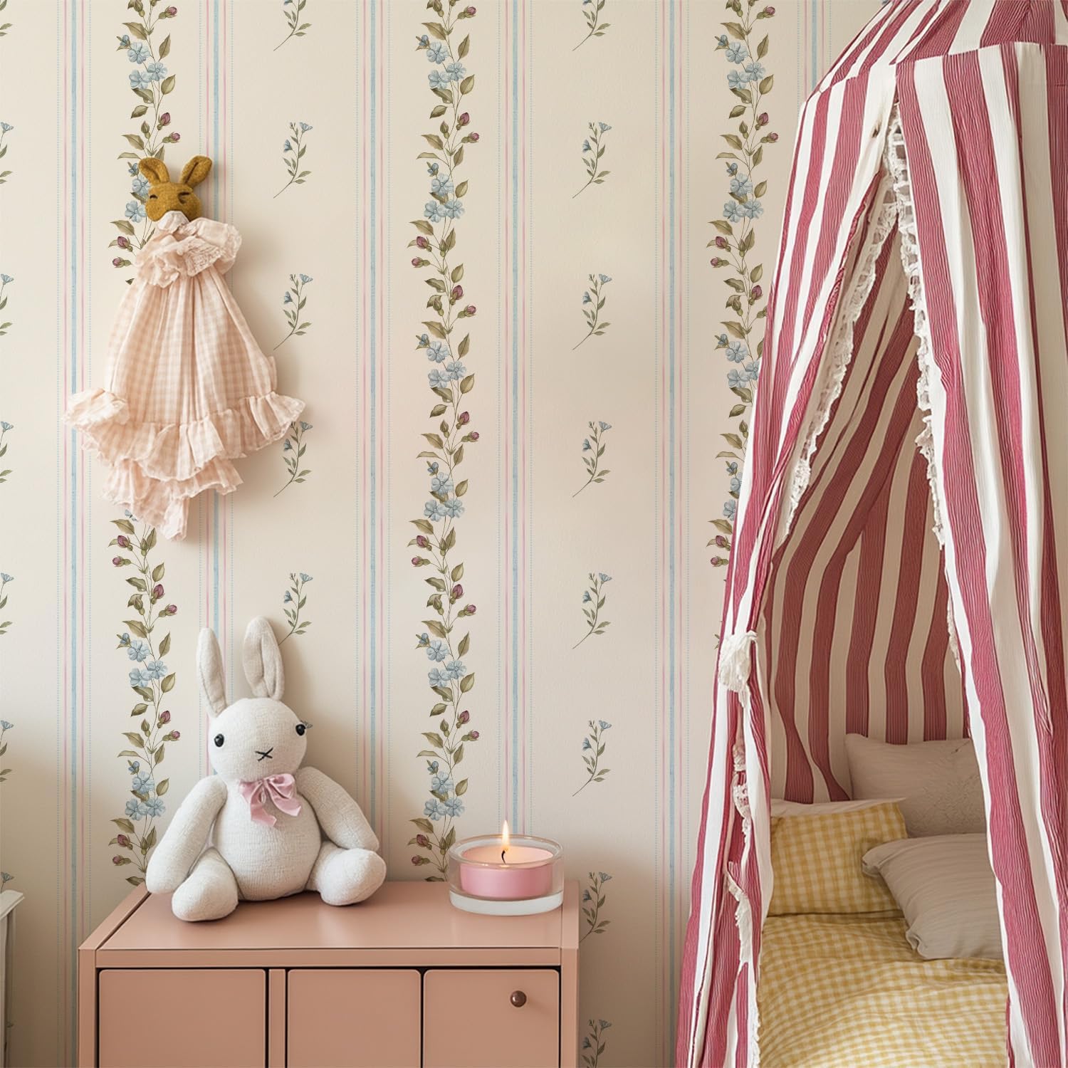 RollsRolla Striped Blue Floral Peel and Stick Wallpaper - Botanical Chinoiserie Art Deco Wallpaper for Bathroom and Bedroom - Removable Self Adhesive French Style