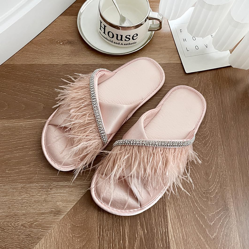 Pantuflas Planas Zapatillas De Novia De Satén con Punta Abierta, Suaves Y Peludas Zapatos De Casa Cómodos Y Cosidos A Mano Chanclas para Despedidas De Soltera Y Bodas(40/41 EU, Pink)