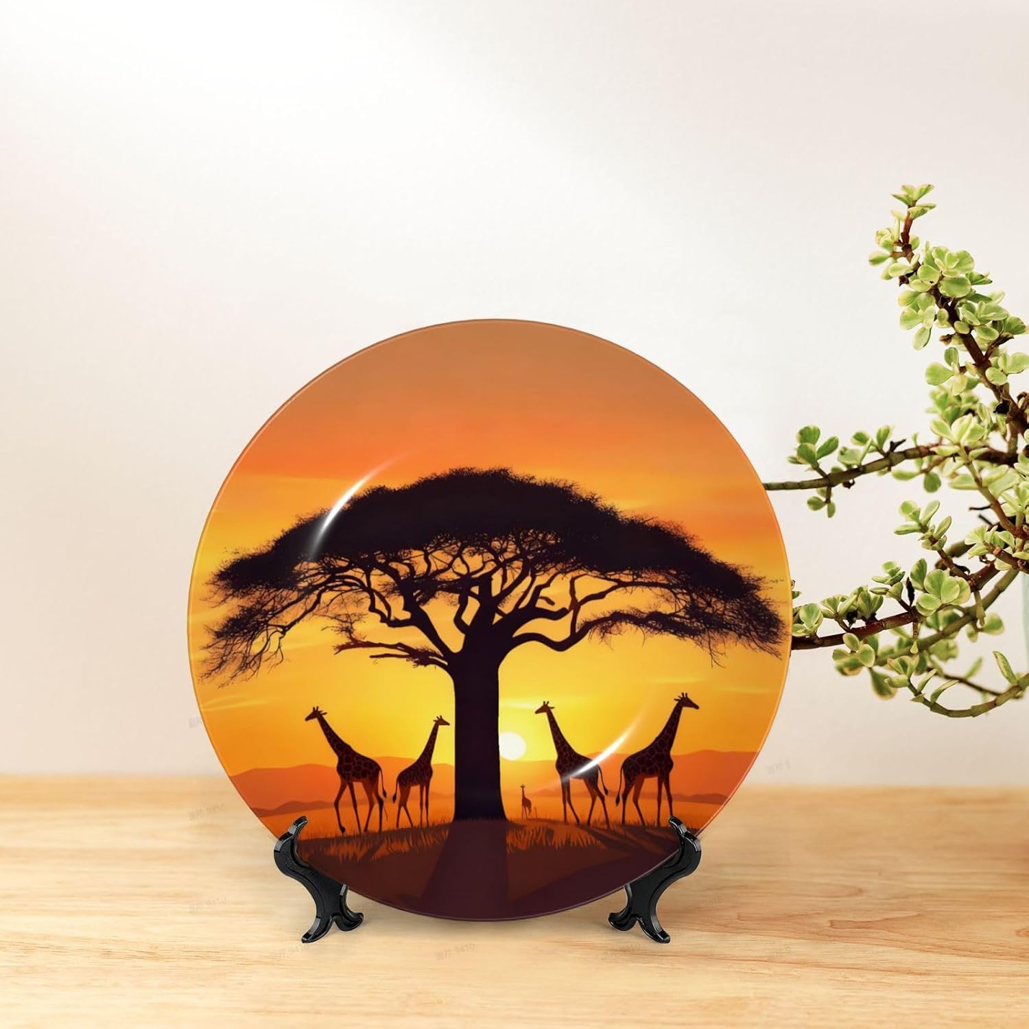 Giraffe Sunset Style Ceramic Plate Display Decorative Plate With Stand Wall Hanging Plate For Home Decor 10 Inch