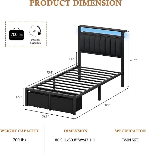 Furnulem Twin Bed Frames with Storage Drawers and Upholstered Headboard