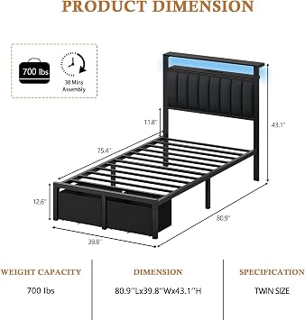 Furnulem Twin Bed Frames with Storage Drawers and Upholstered Headboard