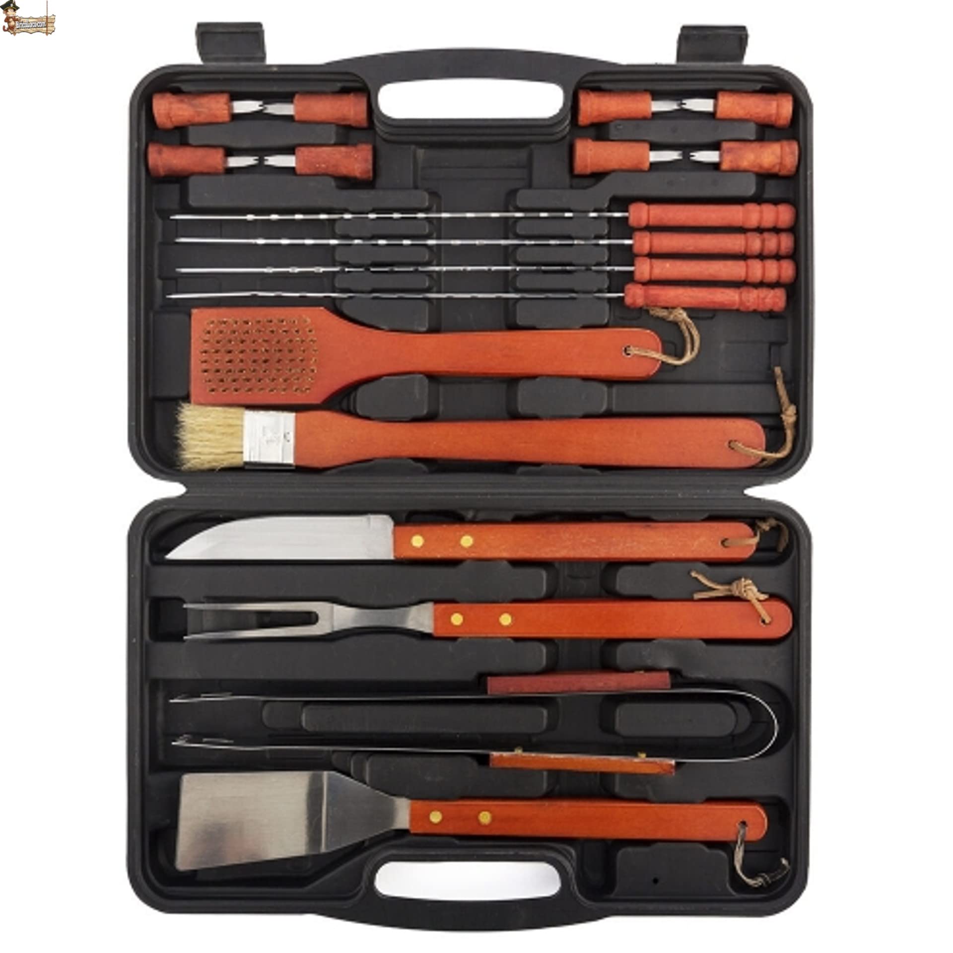 BricoLoco.com Kit Utensili Accessori Barbecue Set Barbecue in valigetta di 18 Utensili in Legno e Acciaio Inox Spazzola, Pinze, Forchetta, Coltello, Spiedino, Pennello e Spatola