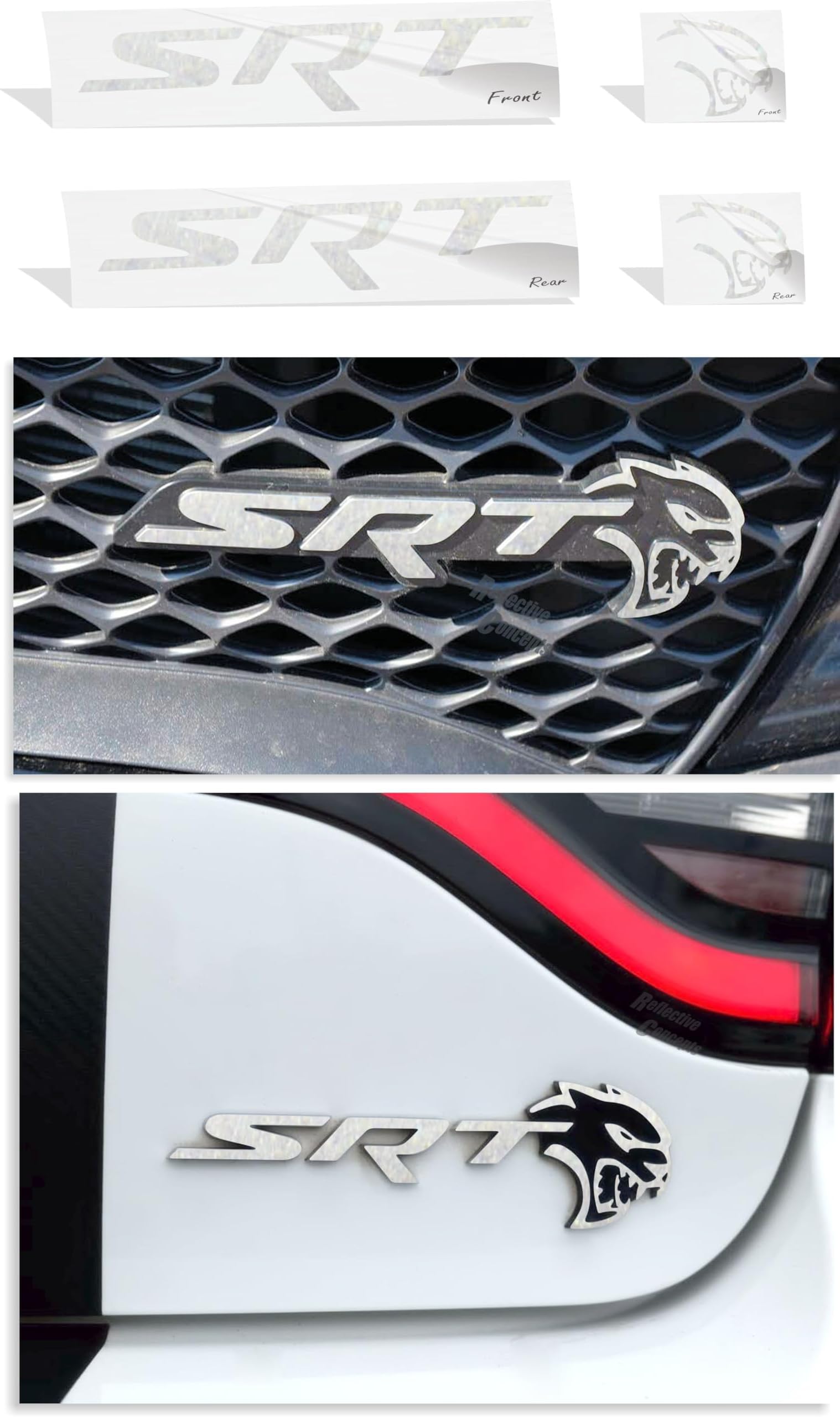 Reflective ConceptsSRT Badge Overlay Decal Stickers - Grille and Trunk - 2020 Charger SRT Hellcat - (Color: Silver Metallic)