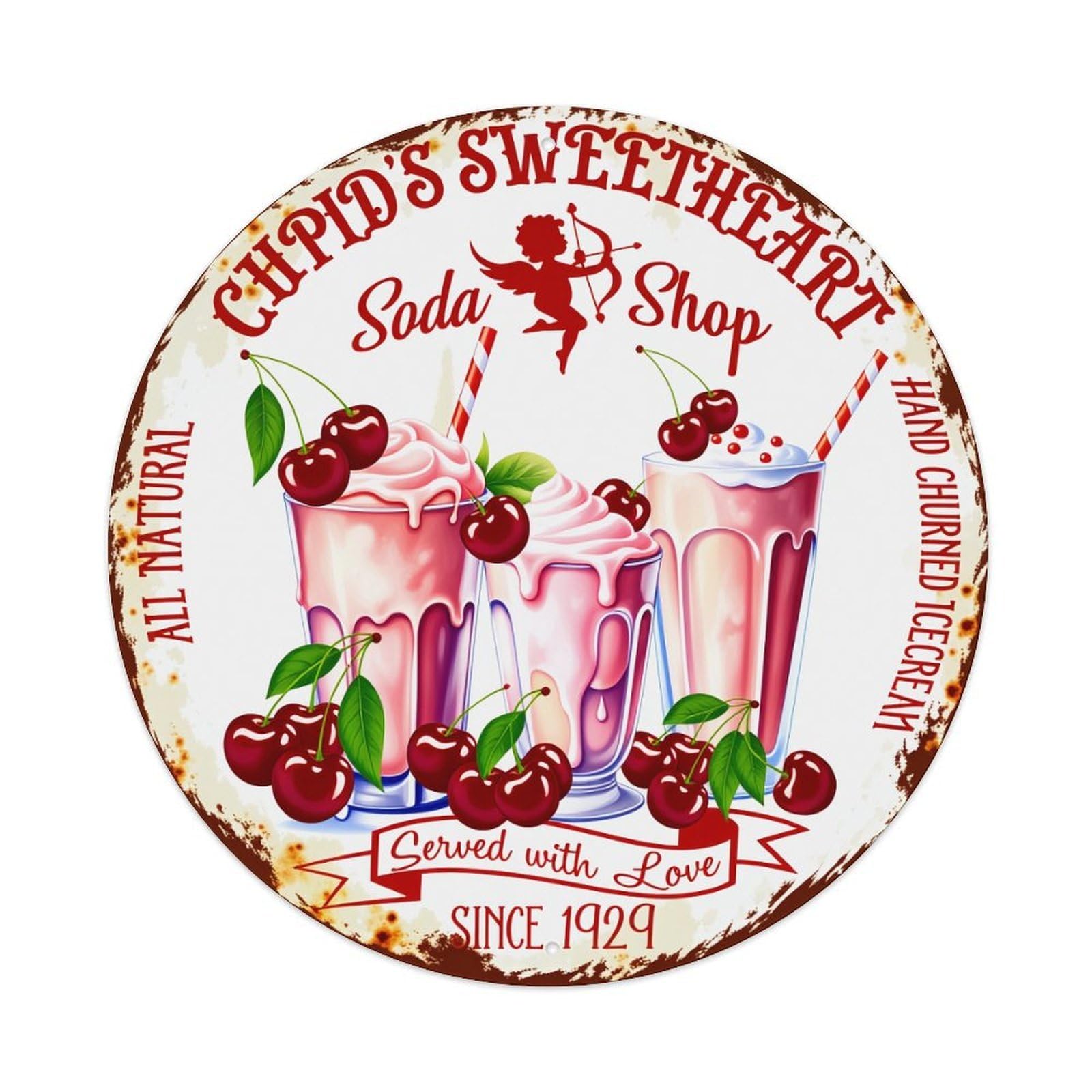 Cupid's Sweetheart Soda Shop Cherry Milkshakes Round Tin Sign Vintage Metal Poster Retro Bar, Home, Man Cave, Kitchen, Laundry Room Wall Art Decor Gift 8x8Inch