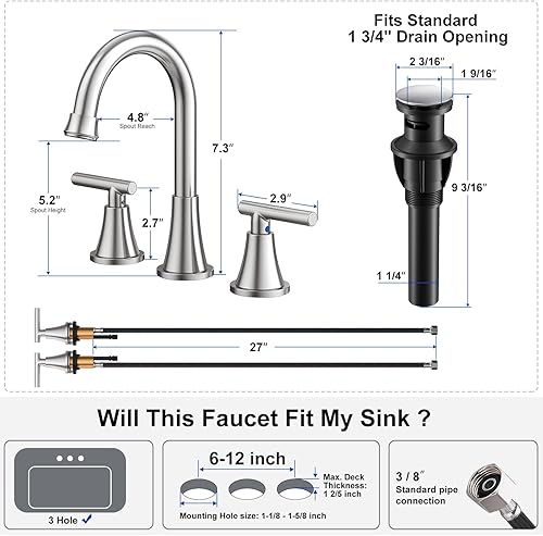 Miniatura 5 de Grifos de baño para fregadero de 3 agujeros, juego central de 4 pulgadas y grifo de fregadero de baño de níquel cepillado generalizado con drenaje