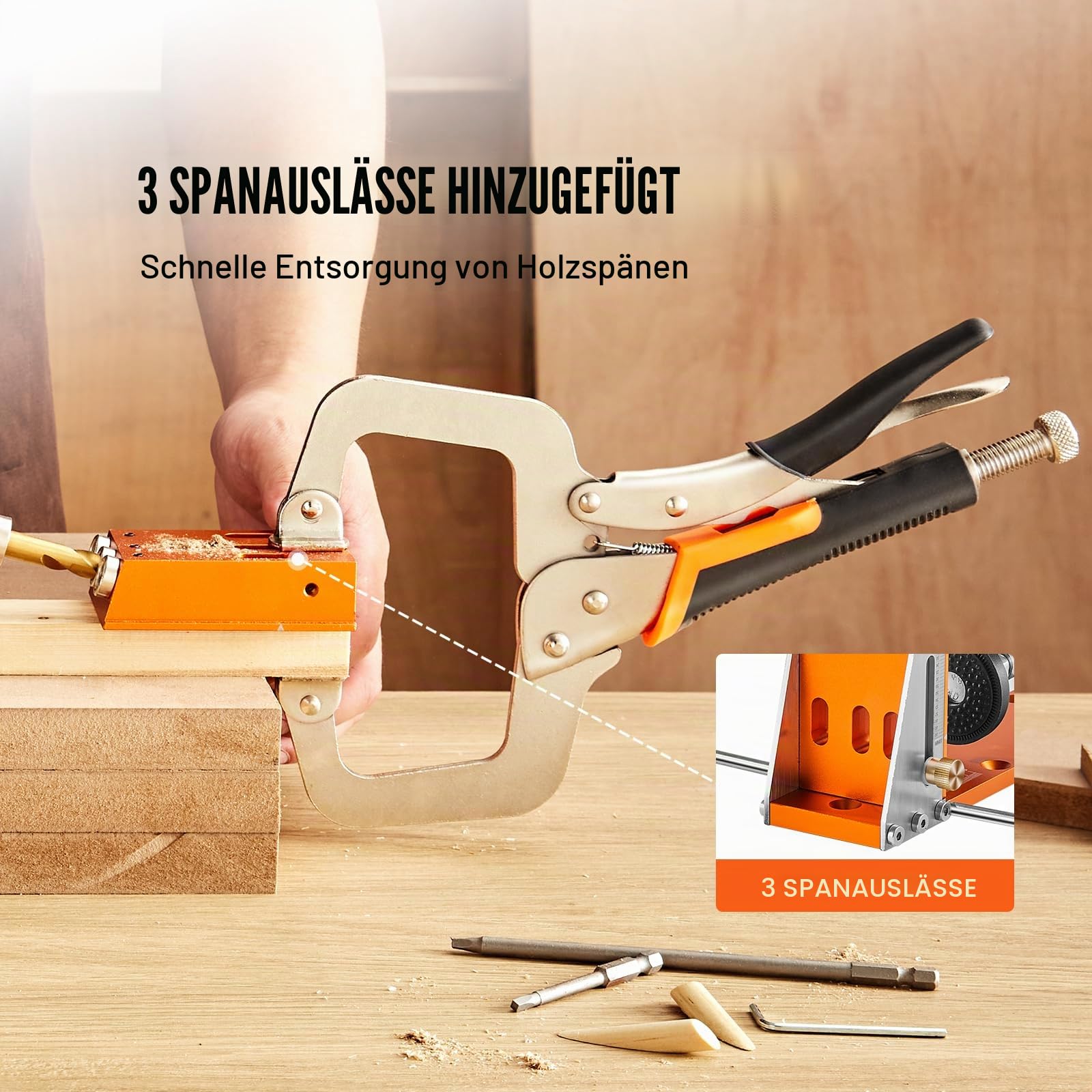 VEVOR Pocket Hole Jig Kit Dreitaschenloch mit Schraubenschlüssel & Vierkantantriebsbits, Dübelhilfe Bohrlehre zum Bohren von Taschenlöchern und Schräglöchern, Bohrhilfe für Holzbearbeitung