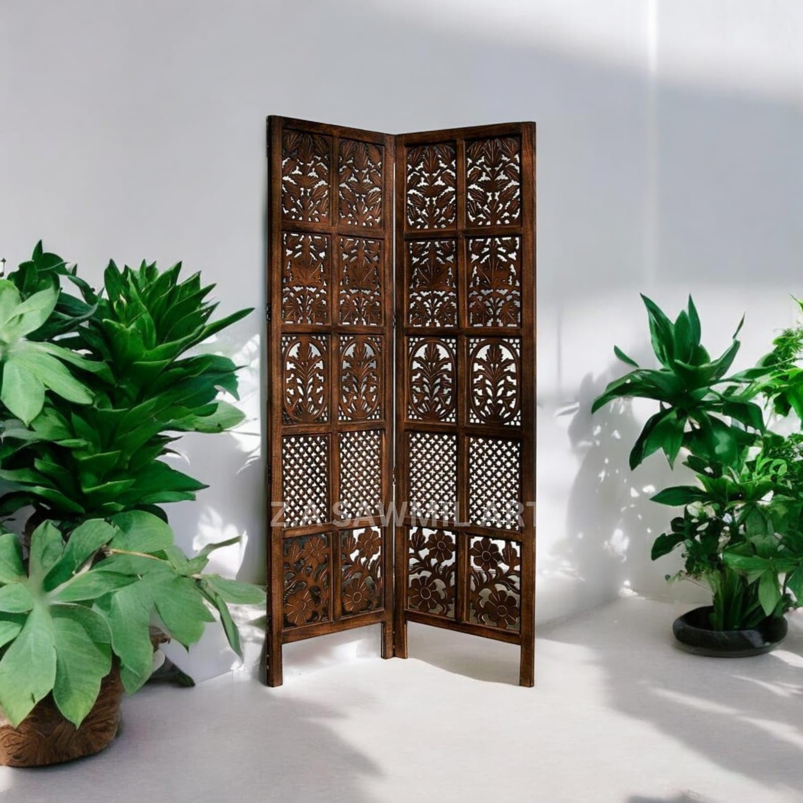 Z.A SAWMIL ART Wooden Partition for Living Room, Privacy Divider, Wooden Room Separator, Divider for Office, Partition for Puja Room, (Mix Frame Design - Brown) (6 Feet 2 Panel)-image-33