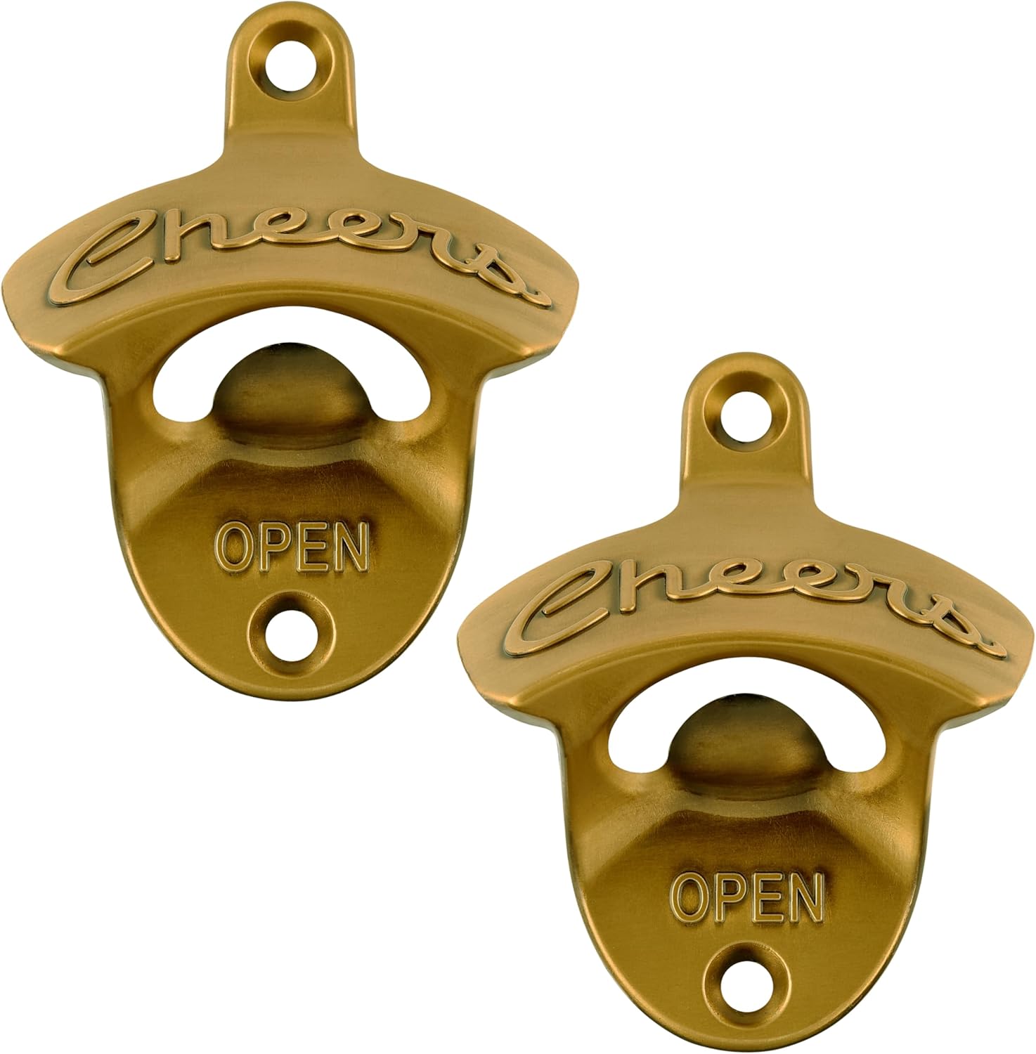 Abridor de botellas Cheers montado en la pared de acero inoxidable para cerveza, montaje en poste dorado antiguo (paquete de 2)