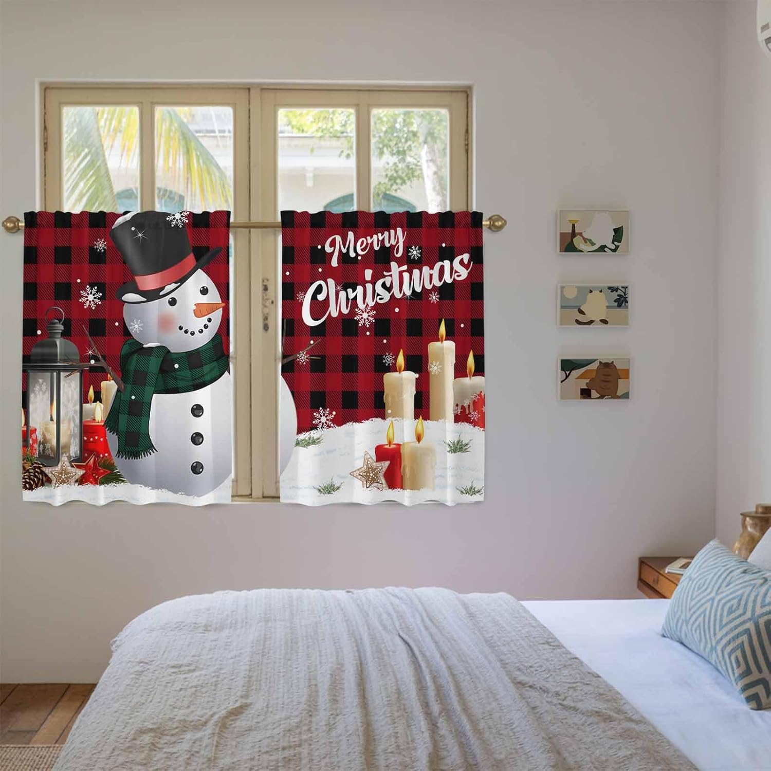 Red Black Plaid Christmas Kitchen Curtains 45 Inch Long 2 Panel Set, Rod Pocket Window Treatment, Xmas Snowman Snowflake Candle Light Filtering Short Curtains & Drapes for Bathroom Laundry 52"W x 45"L
