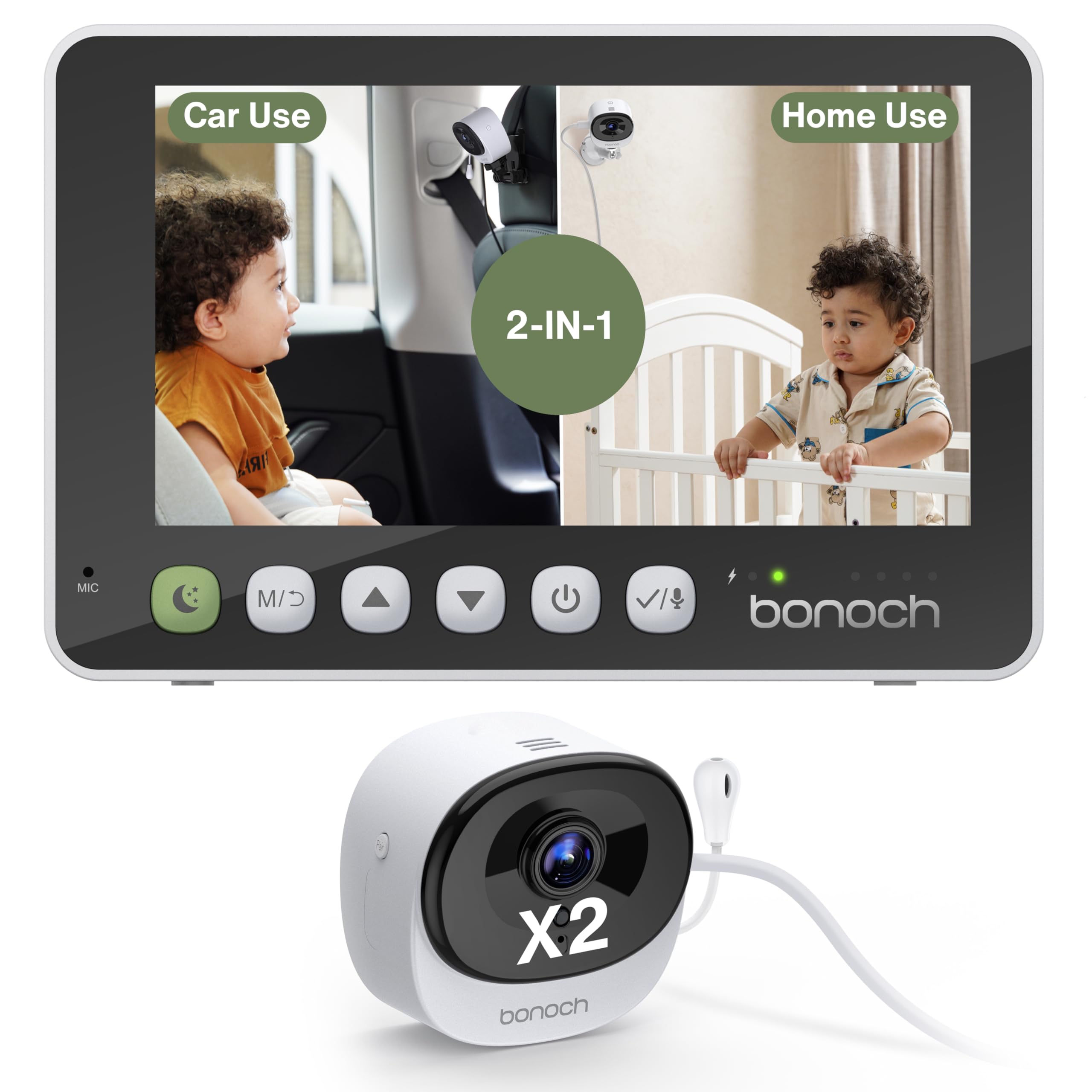 bonoch 2-in-1 Car Home Dual-Use Baby Monitor, 5" 1080P HD Clear View Wireless Monitor, 2 USB Powered Cameras for Baby, Seamless Transition Between Car & Home, 360° Rotatable, Night Vision