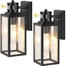 VIANIS 2 Pack Motion Sensor Porch Lights Outdoor, Modern Black Exterior Lighting Fixtures Wall Mount for House, Anti-Rust Waterproof Outdoor Sconce Lights for Garage, Front Door with Seeded Glass
