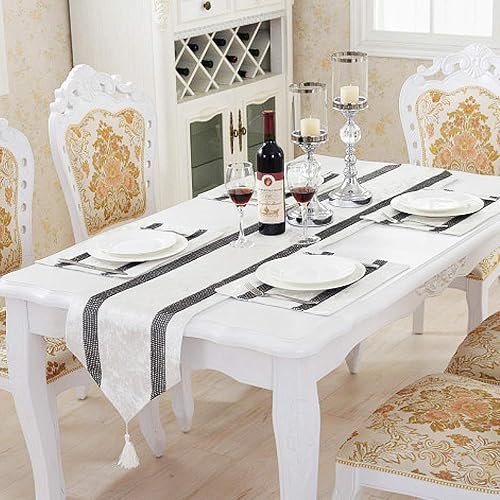 Miniatura 7 de HeMiaor Camino de mesa de lentejuelas de diamantes de imitación de 13 x 98 pulgadas con tira de diamantes y borlas para mesas de comedor (blanco