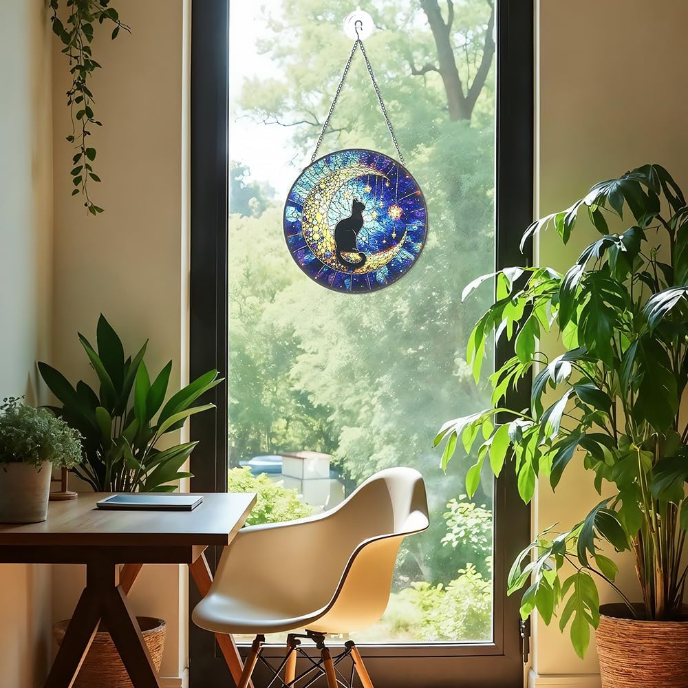 Midnight Black Cat on Moon Stained Glass Suncatcher - Celestial Window Hanging Decor for Feline Lovers, Heartfelt Pet Loss Memorial Gift, Unique Sympathy Decor for Grieving Cat Owners