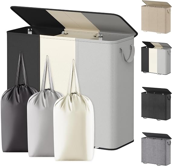 Lifewit Double Laundry Hamper with Lid and Removable Laundry Bags, Large Collapsible 2 Dividers Dirty Clothes Basket with Handles for Bedroom Laundry Room Closet Bathroom College, 155L Beige