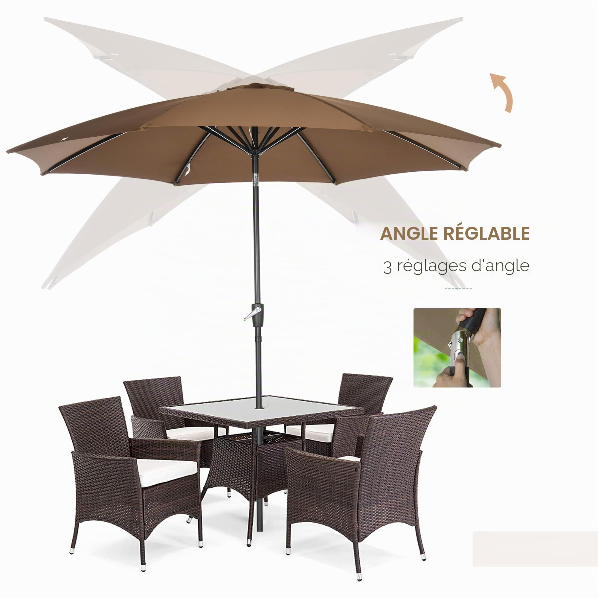 Outsunny Parasol Ø300x252cm inclinable canopée manivelle marron