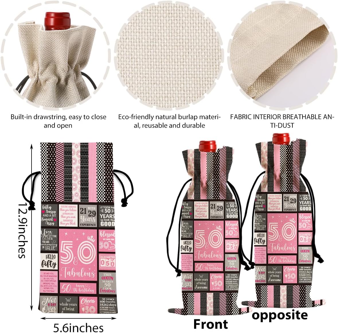 Funny 50th Birthday Gifts for Her Him Wine Bag, Happy Anniversary 50th Birthday Party Decorations Men Wine Bottle Bag, 50 Year Old 1974 Birthday Gifts for Women Wine Bags, Pink50th - Image 2
