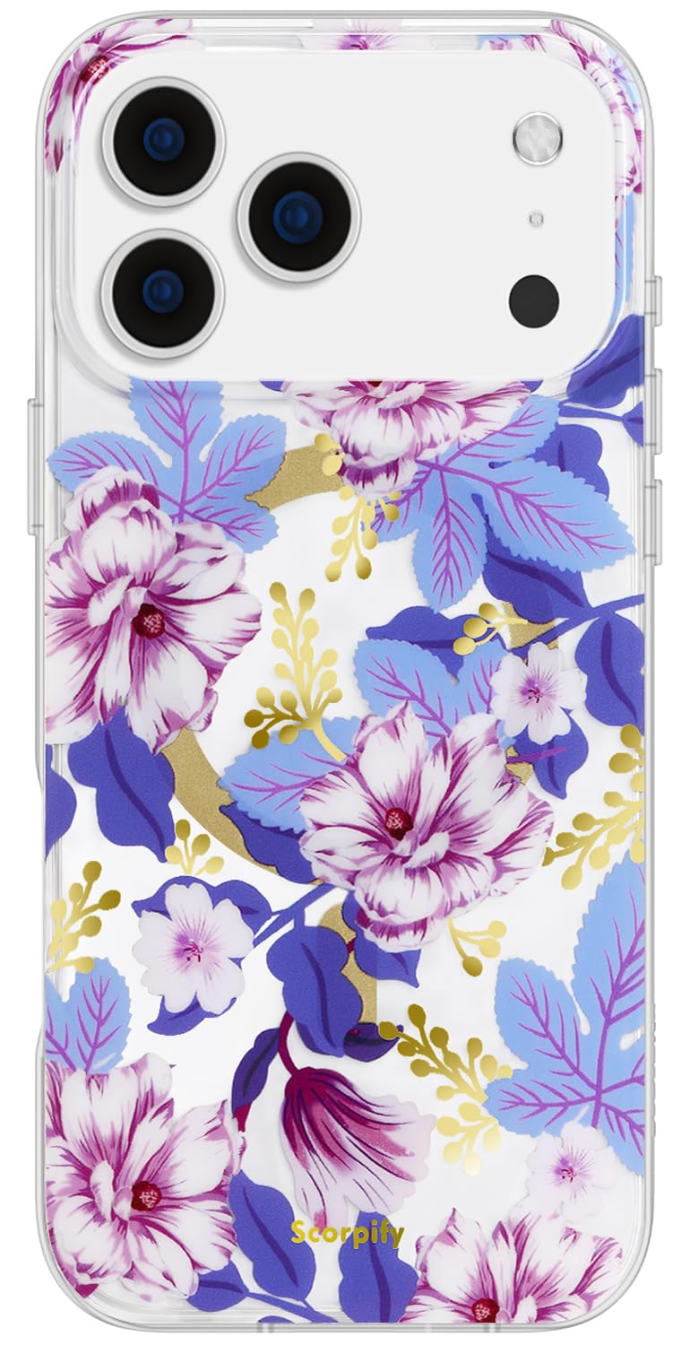 SCORPIFY for iPhone 17 Pro Case [Compatible with MagSafe] with Purple Hibiscus Floral Design, Cute Clear Flower Magnetic Phone Cover for Women Girls, Slim Stylish Bumper with Gold Accents